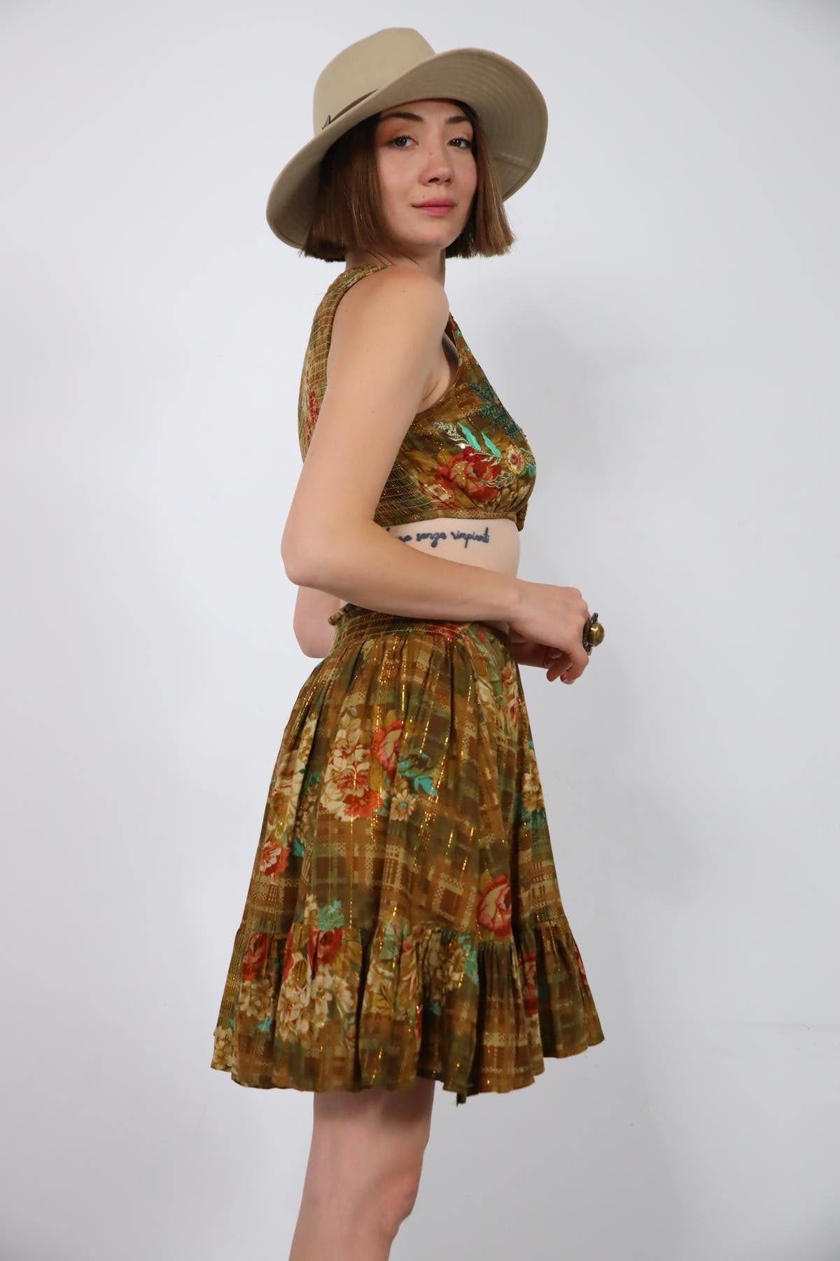  Kahverengi Gipeli Otantik İşlemeli Bluz ve Etek Takım