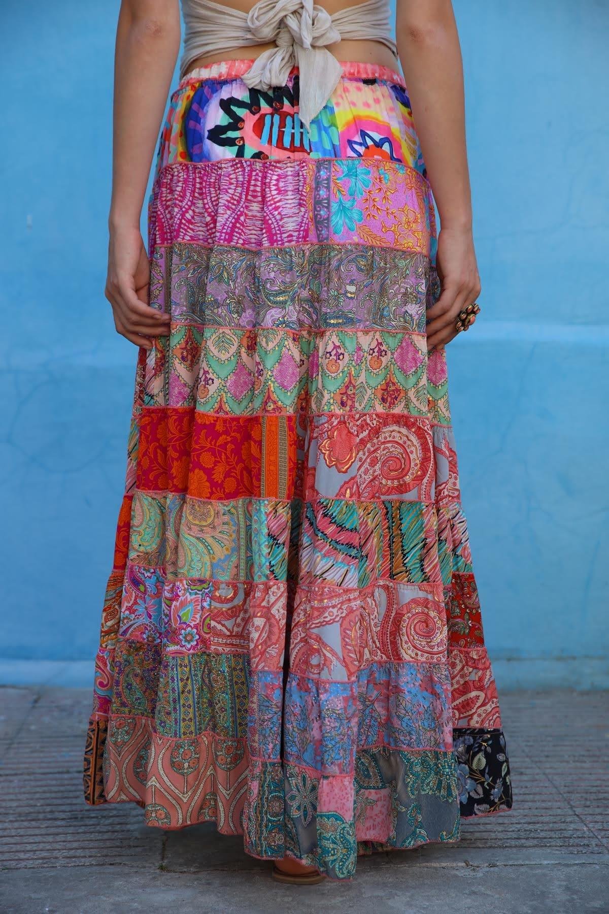 Renkli Patchwork Otantik İpek Etek - Şaman Butik Renkli Patchwork Otantik İpek Etek