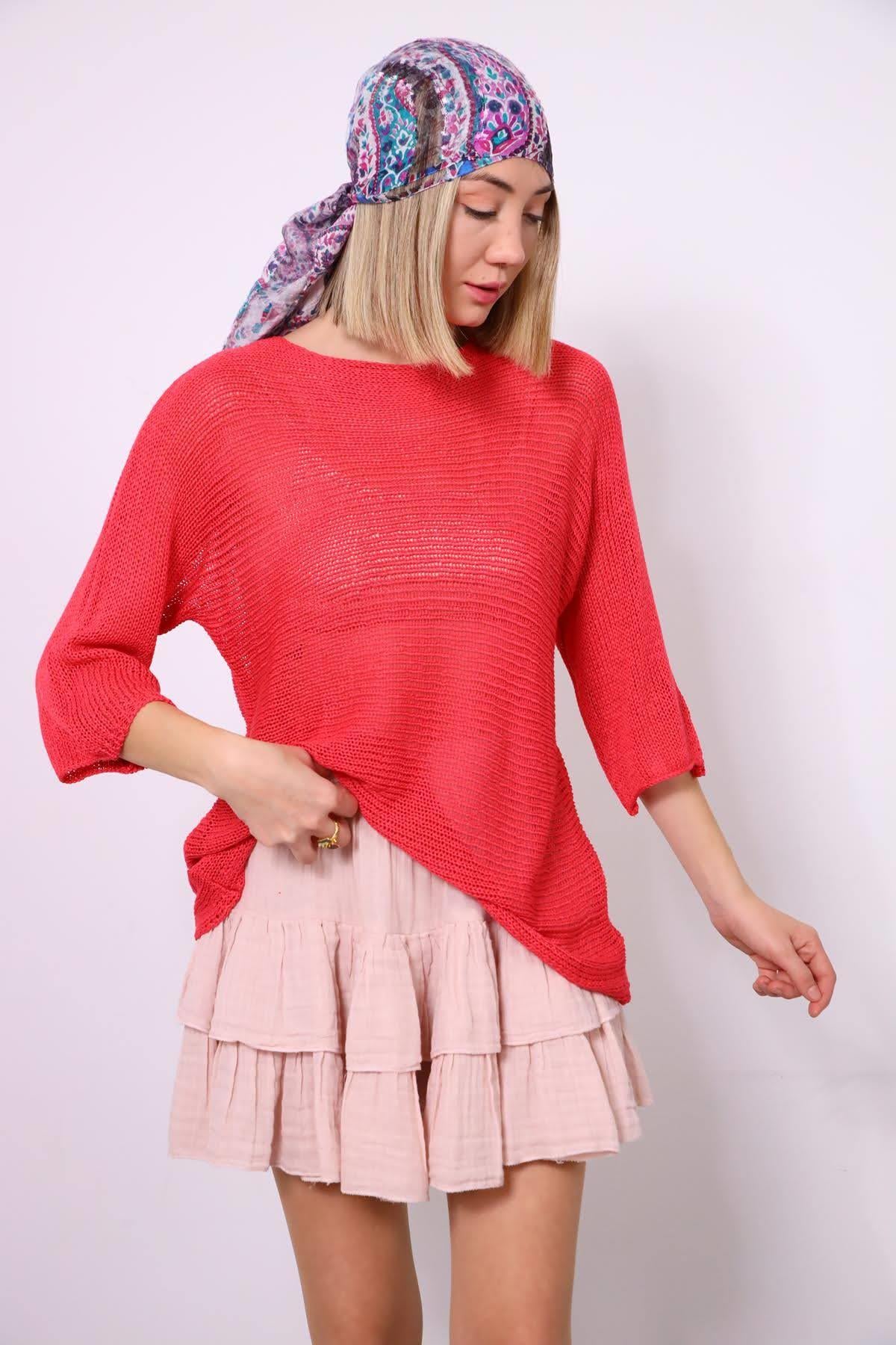 Fuchsia Boat Neck Elbow Sleeve Mercerized Blouse - Saman Butik Fuchsia Boat Neck Elbow Sleeve Mercerized Blouse