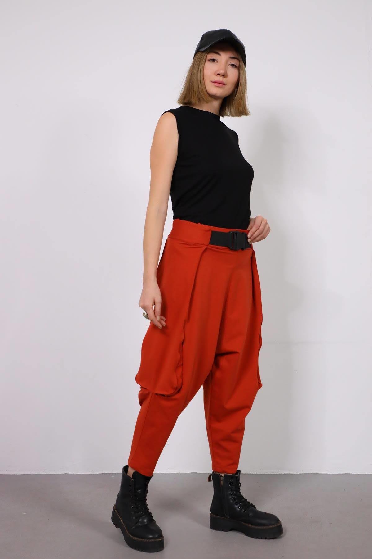Brick Red Belted Drop Crotch Trousers - Saman Butik | Shop Online Brick Red Belted Drop Crotch Trousers