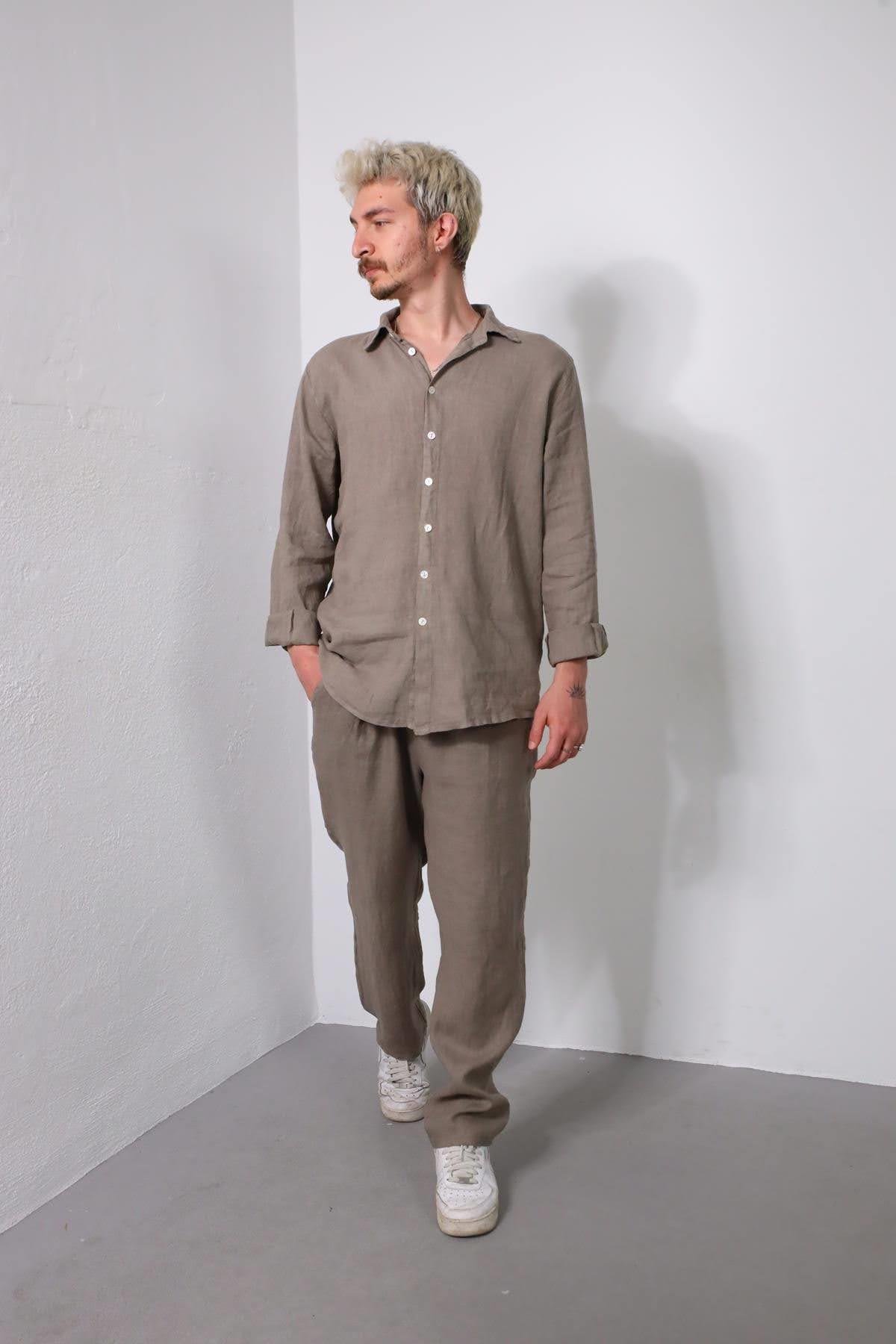  Vizon Rengi Keten Erkek Pantolon ve Gömlek Takım