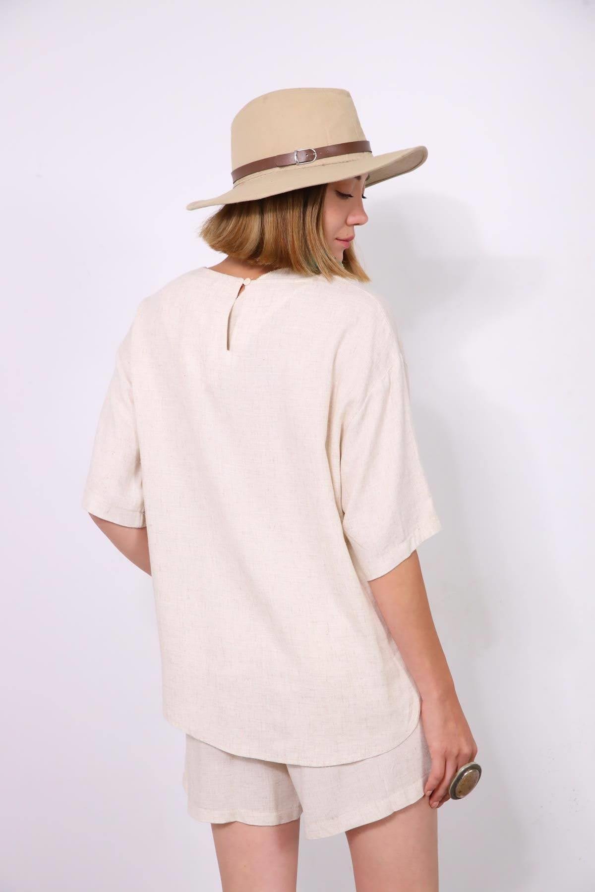  Krem Rengi Salaş Şortlu Takım