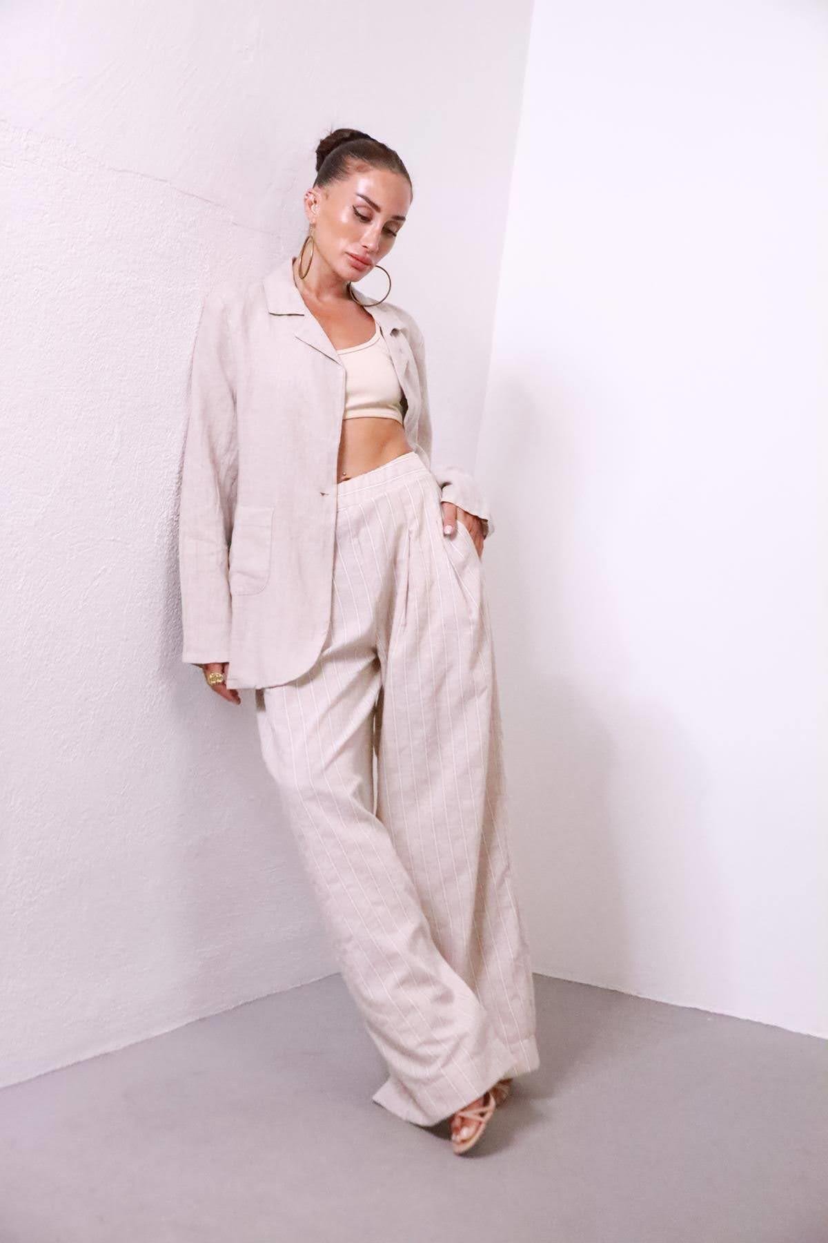 Krem Rengi Keten Tek Düğmeli Ceket - Şaman Butik Krem Rengi Keten Tek Düğmeli Ceket