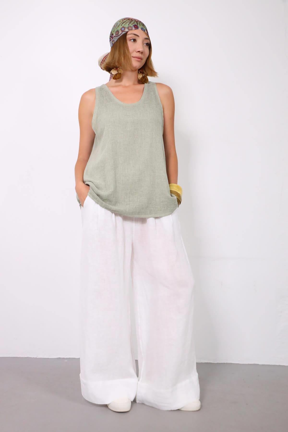 Beyaz Duble Paça Pileli Keten Pantolon - Şaman Butik Beyaz Duble Paça Pileli Keten Pantolon