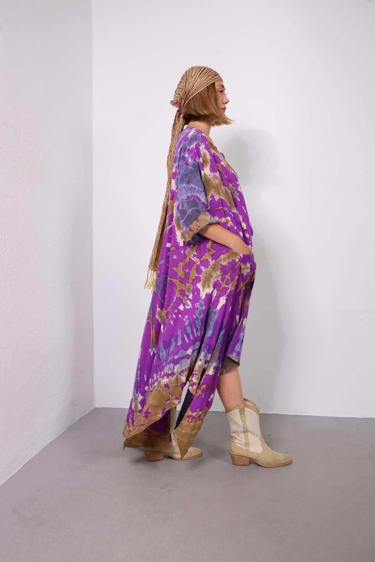  Mor Batik Desenli Cep Detay Kaftan