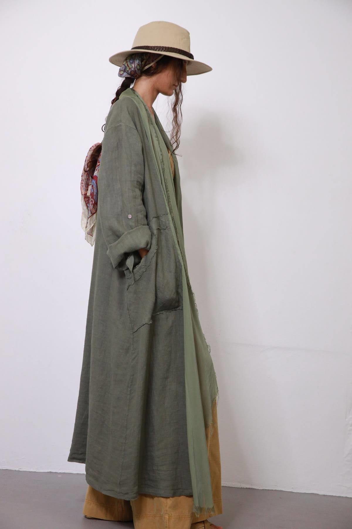  Haki Cebi ve Yakası Püskül Detaylı Keten Kaftan