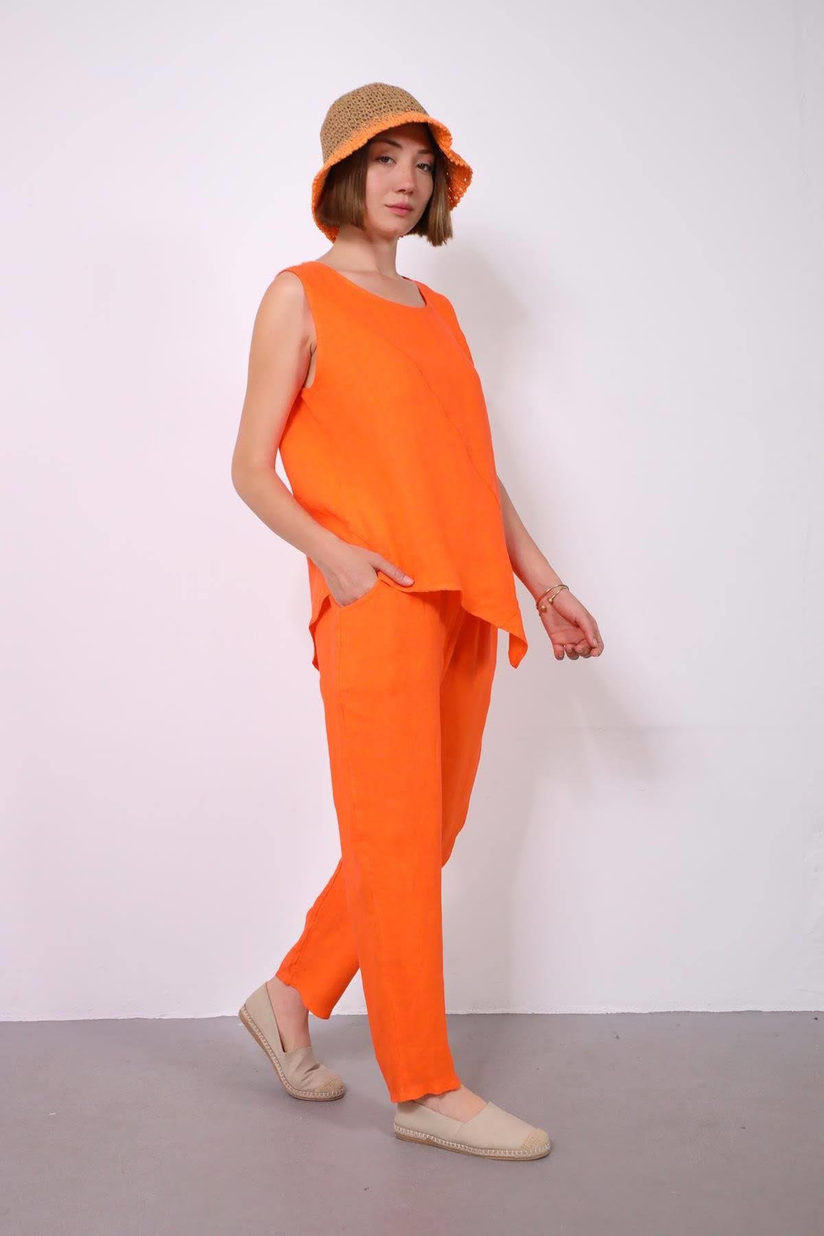  Turuncu Dikişli Sıfır Kol Bluz ve Pantolon Keten Takım