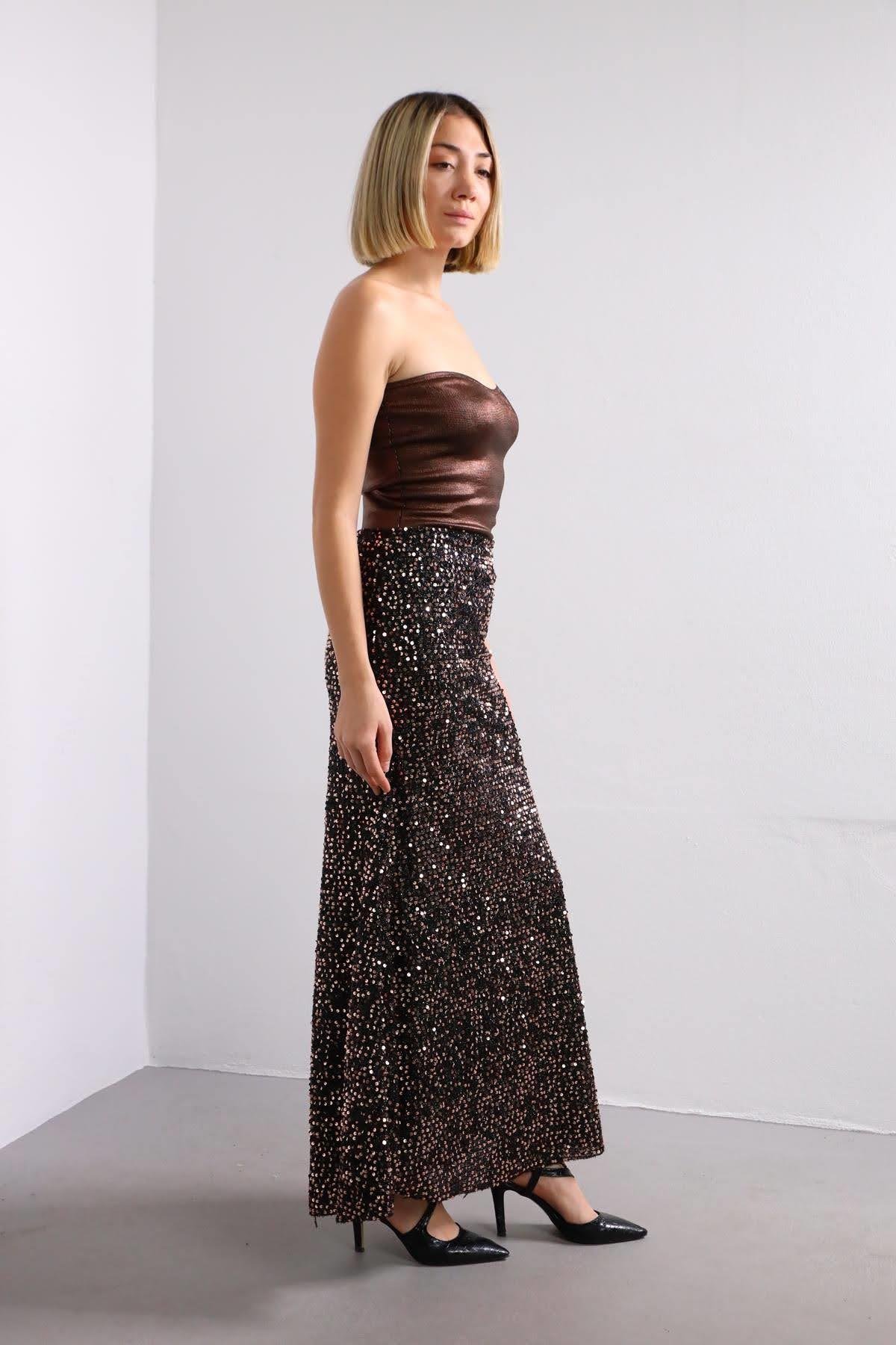  Bakır Rengi Saçaklı Payetli Çan Etek