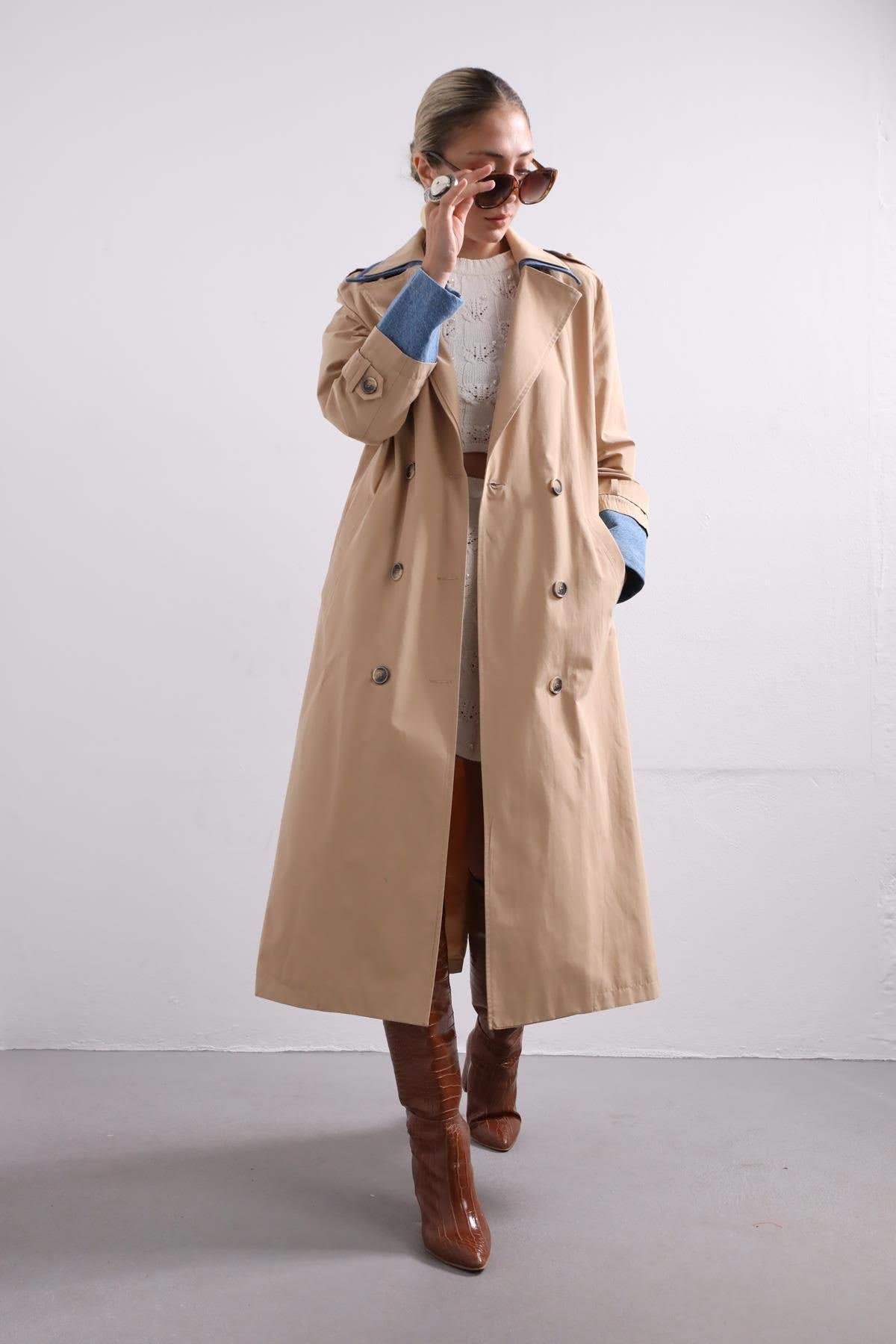  Camel Denim Parça Detaylı Trençkot