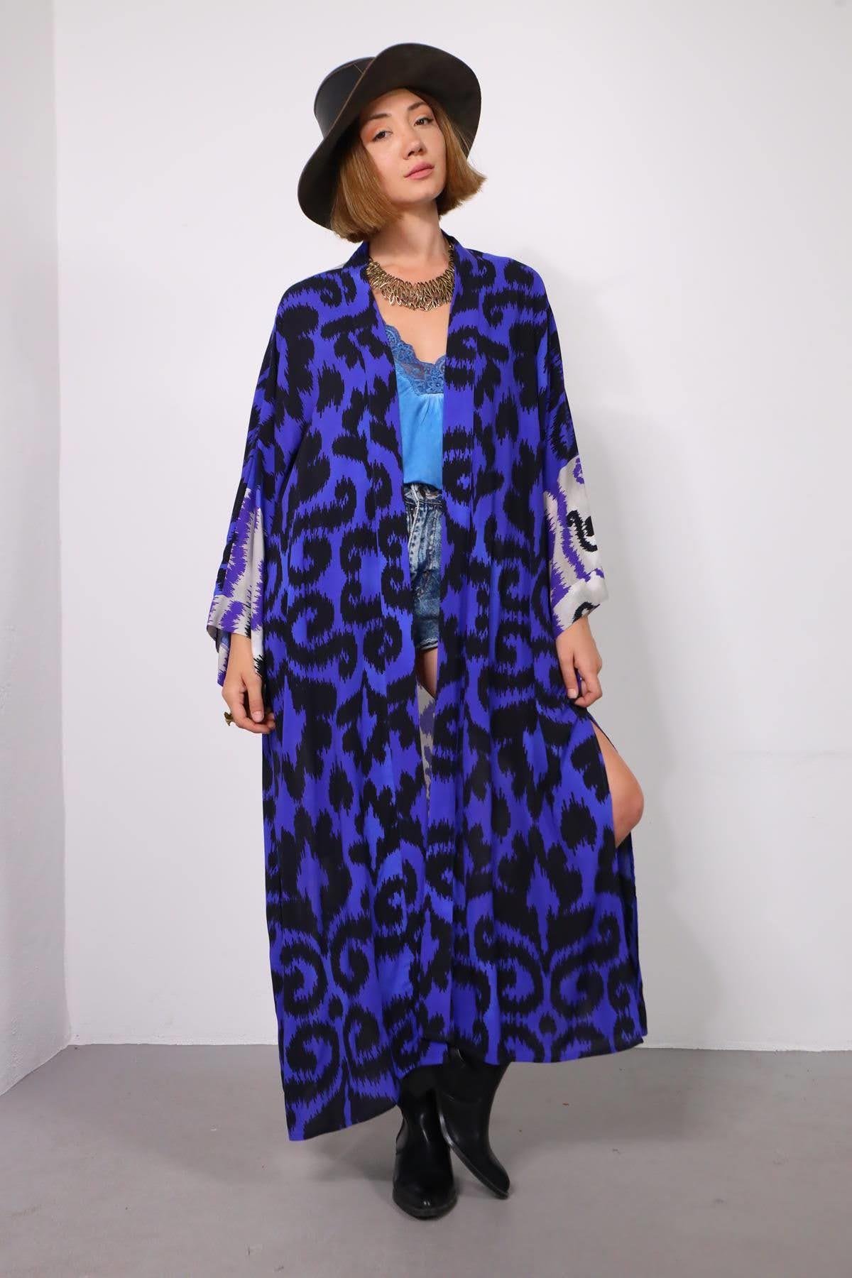  Lacivert İkat Desenli Kuşaklı Kimono