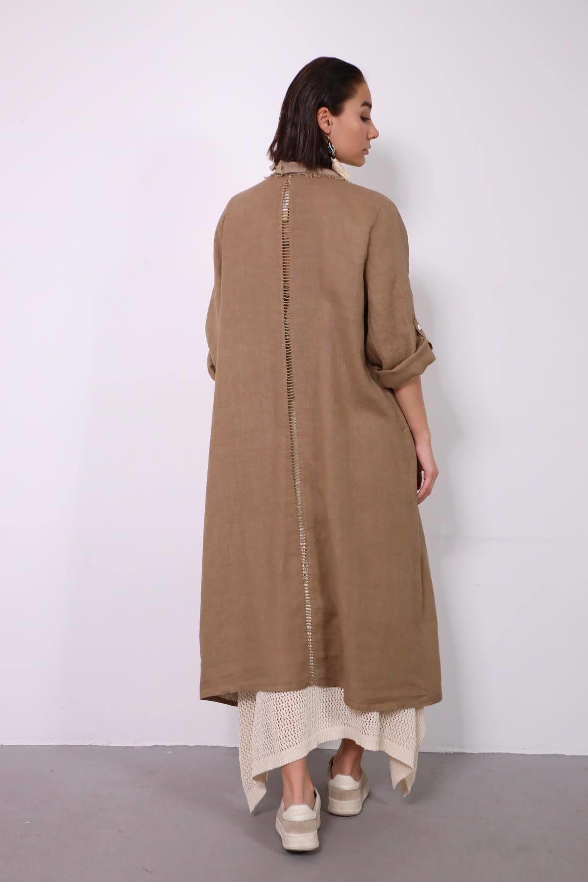 Kahverengi Sırt Detaylı Keten Kaftan - Şaman Butik - Bohem Giyim ve Aksesuar | Kadın & Erkek Kahverengi Sırt Detaylı Keten Kaftan