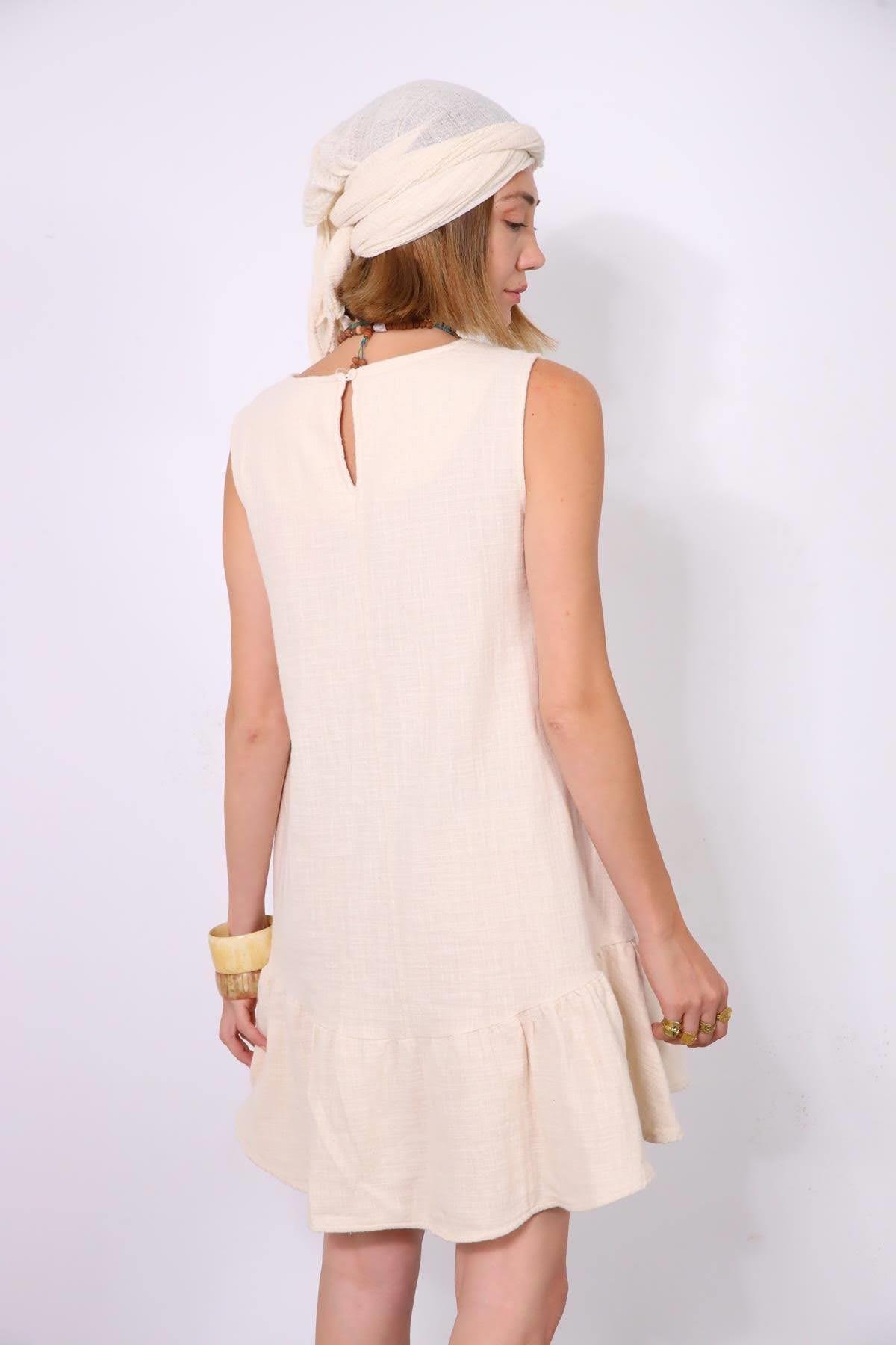 Krem Rengi Eteği Fırfırlı Kalın Askılı Kısa Keten Elbise - Şaman Butik Krem Rengi Eteği Fırfırlı Kalın Askılı Kısa Keten Elbise