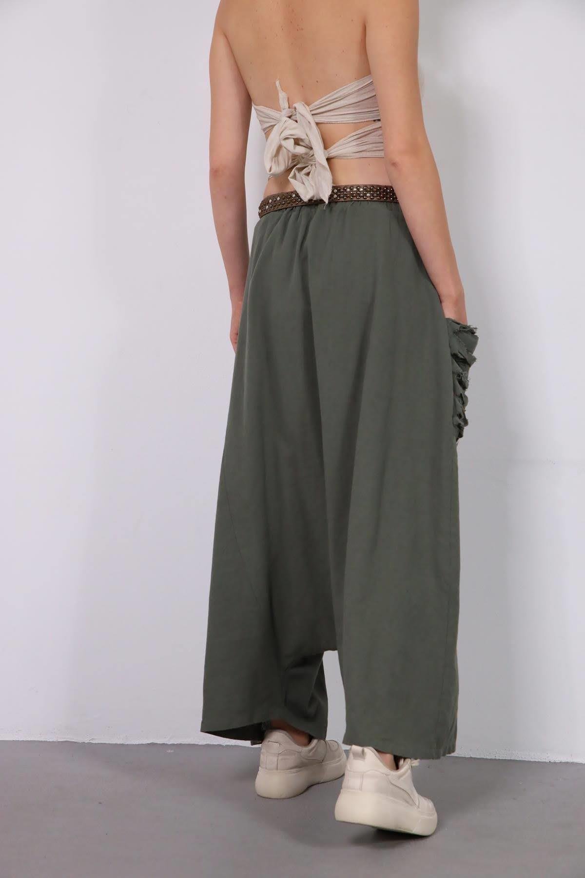  Haki Cebi Yırtık Detaylı Keten Şalvar