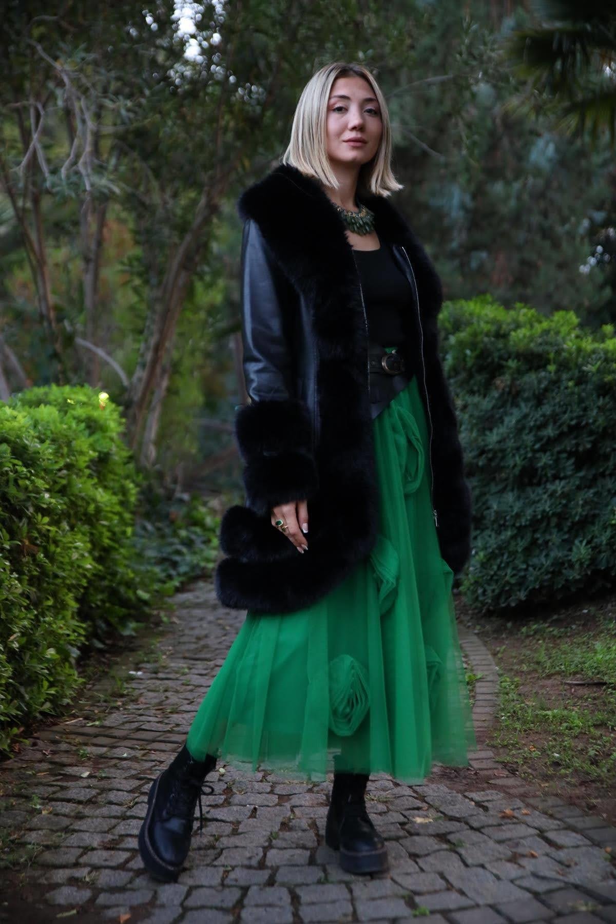 Black Fur Detailed Hooded Leather Coat Black Fur Detailed Hooded Leather Coat