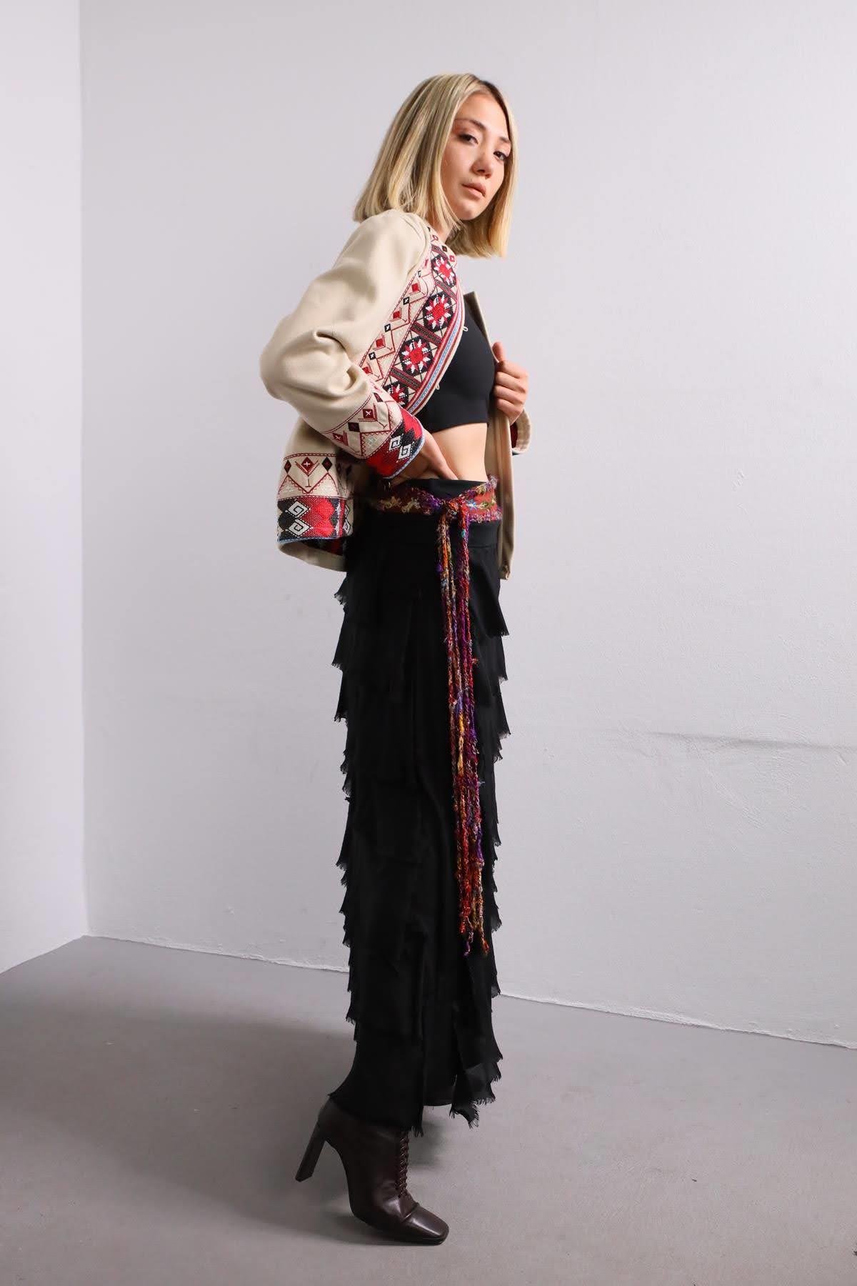 Saman Butik | Shop Online Black Layered Silk Skirt