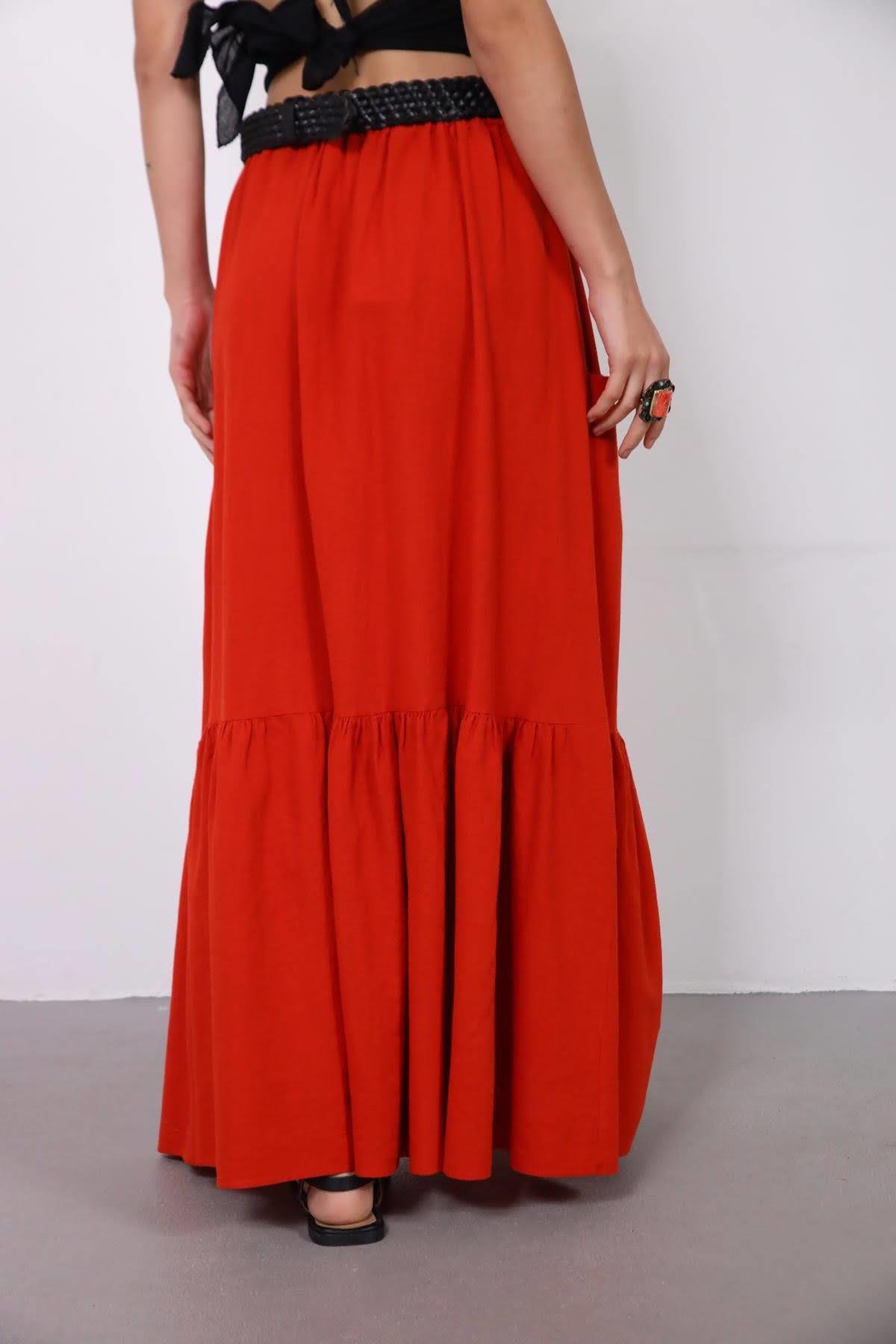  Kırmızı Keten Cepli Pileli Etek