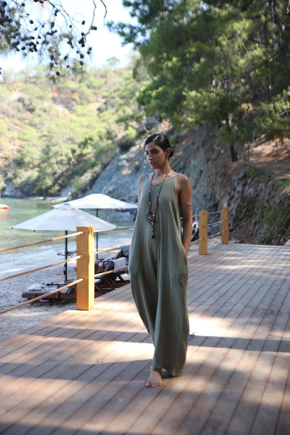  Haki Askılı Salaş Müslin Tulum