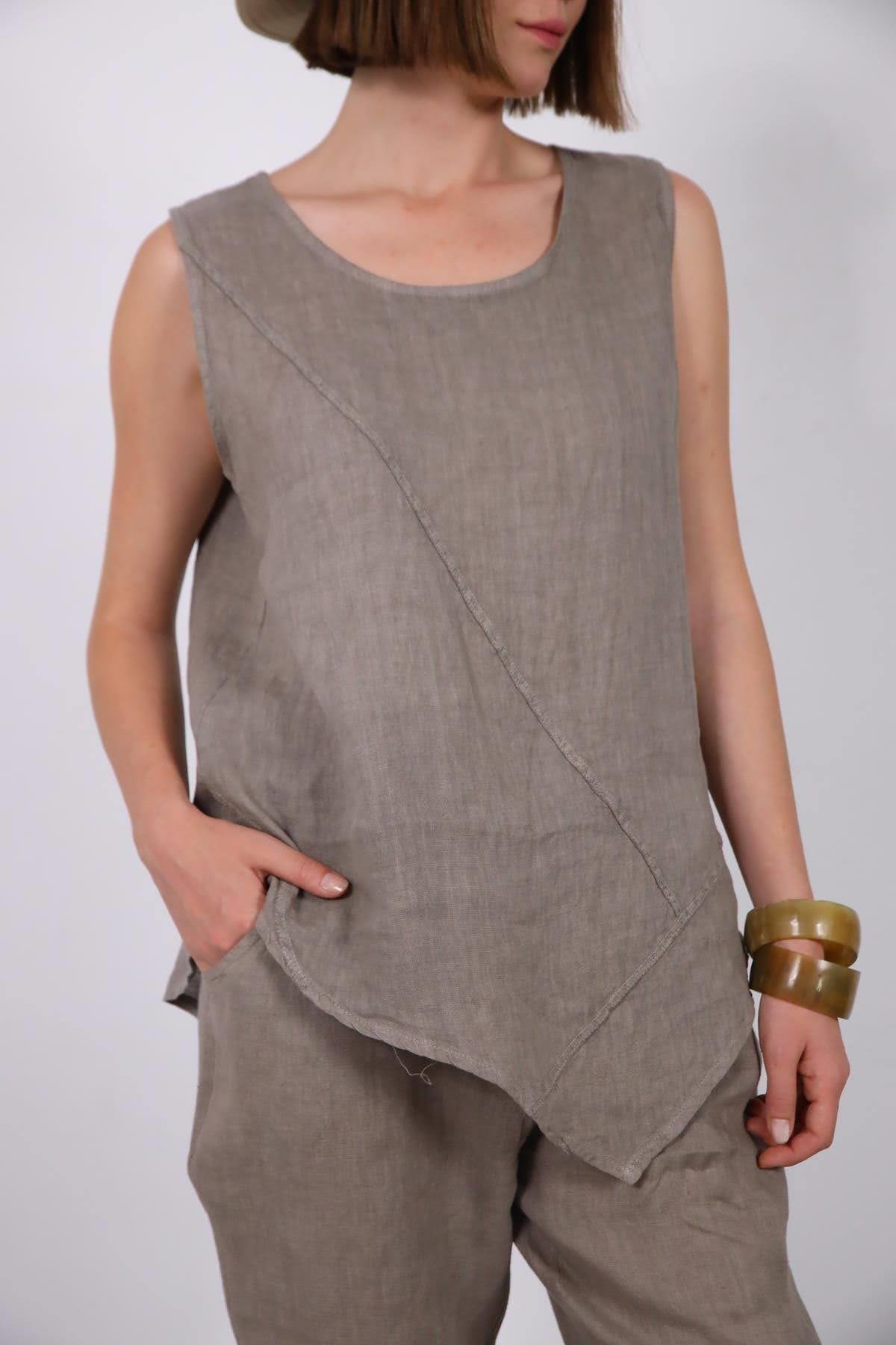  Vizon Rengi Dikişli Sıfır Kol Bluz ve Pantolon Keten Takım