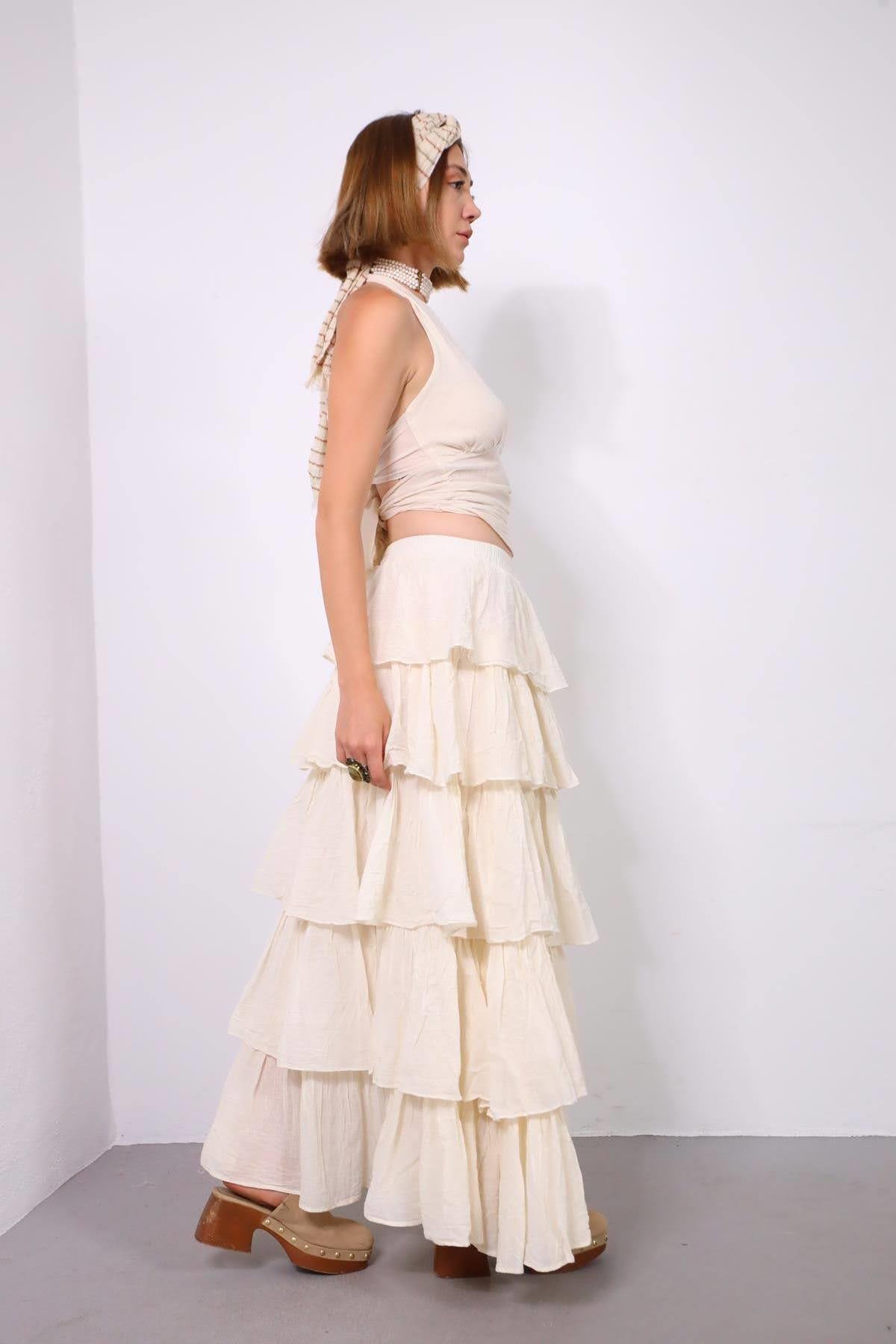  Ekru Beli Lastikli Kat Kat Bohem Etek