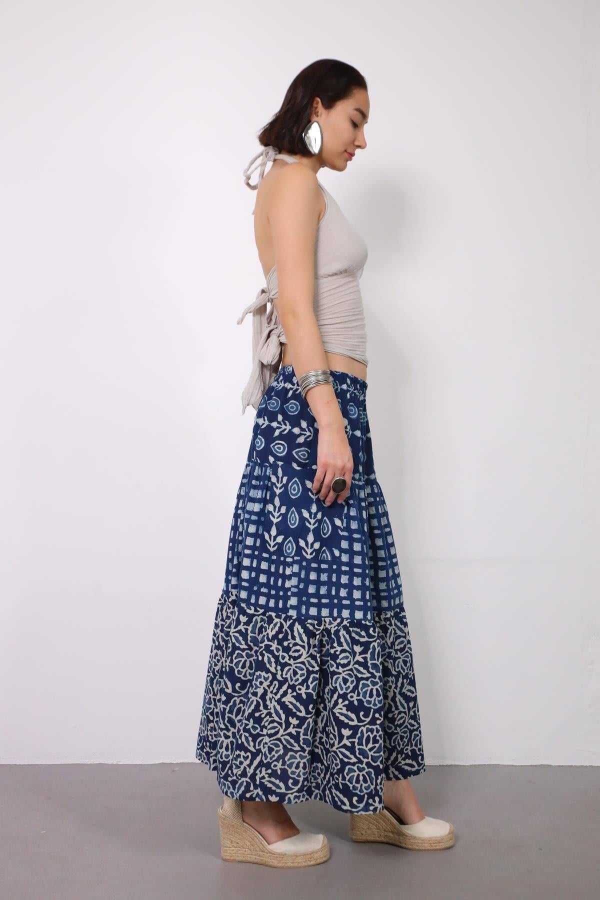 Mavi Cepli Otantik Parçalı Etek - Şaman Butik Mavi Cepli Otantik Parçalı Etek