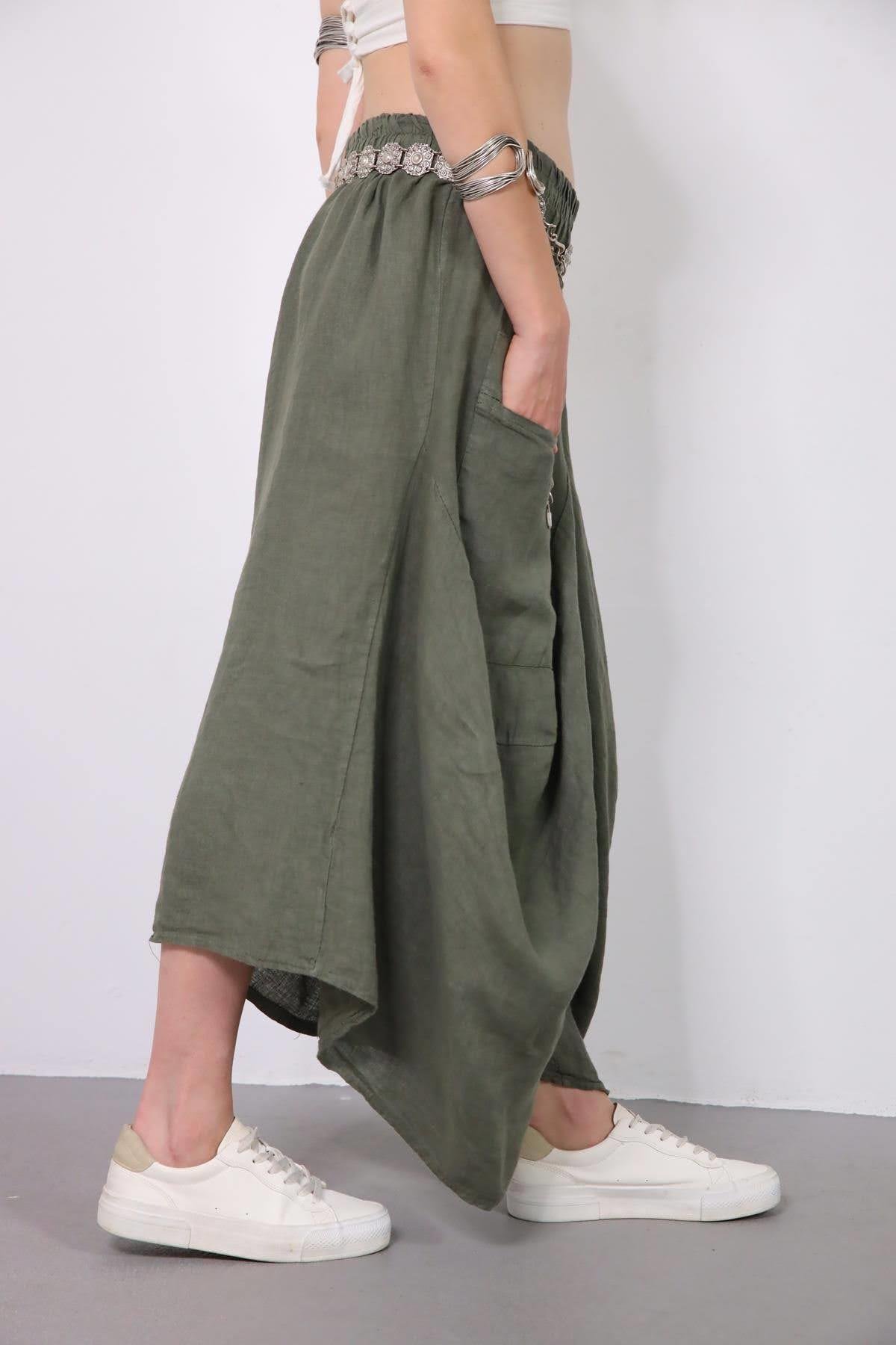 Haki Keten Kontes Şalvar - Şaman Butik - Bohem Giyim ve Aksesuar | Kadın & Erkek Haki Keten Kontes Şalvar