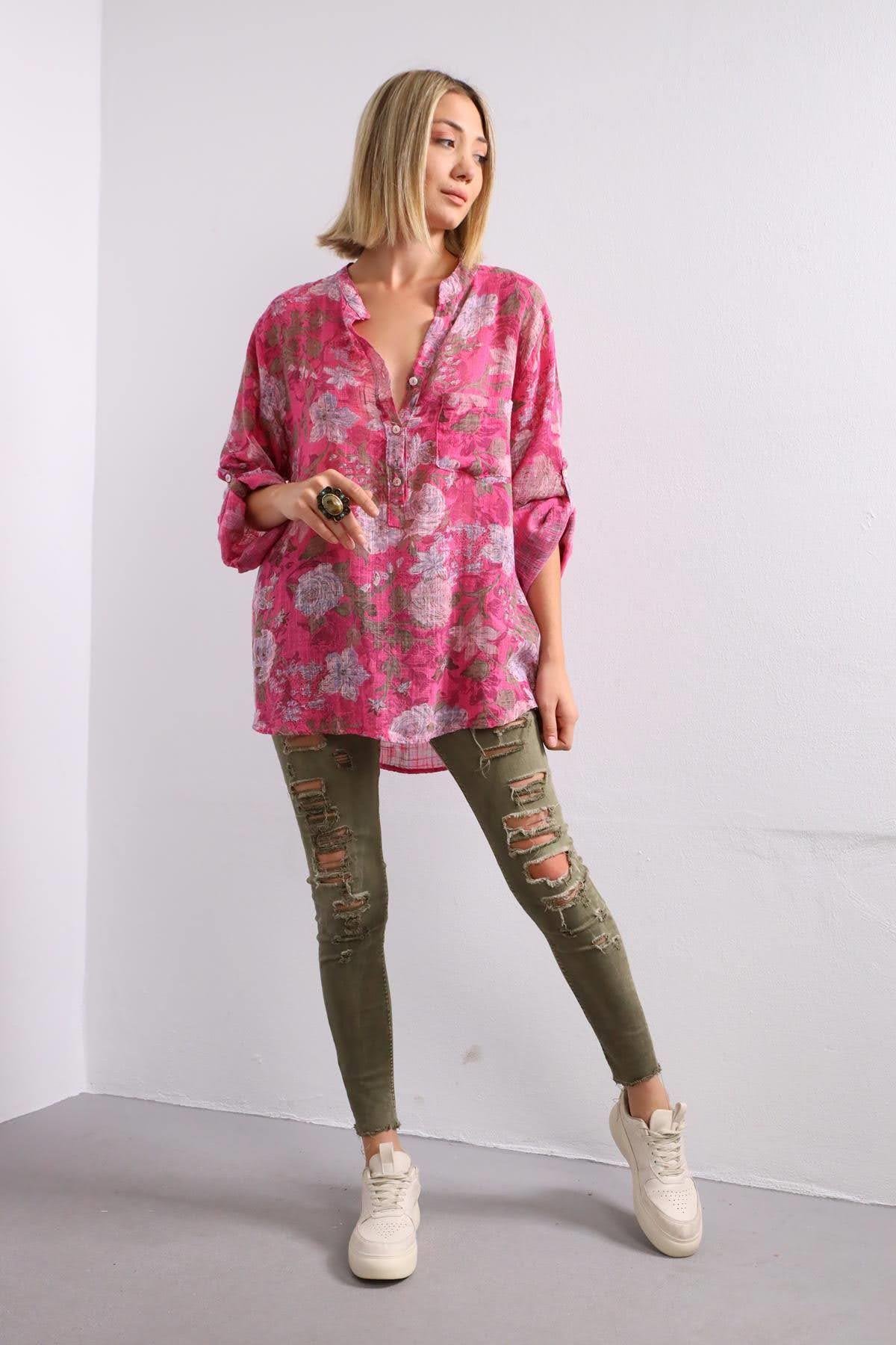 Pink Floral Pattern Half Buttoned Shirt - Saman Butik | Shop Online Pink Floral Pattern Half Buttoned Shirt