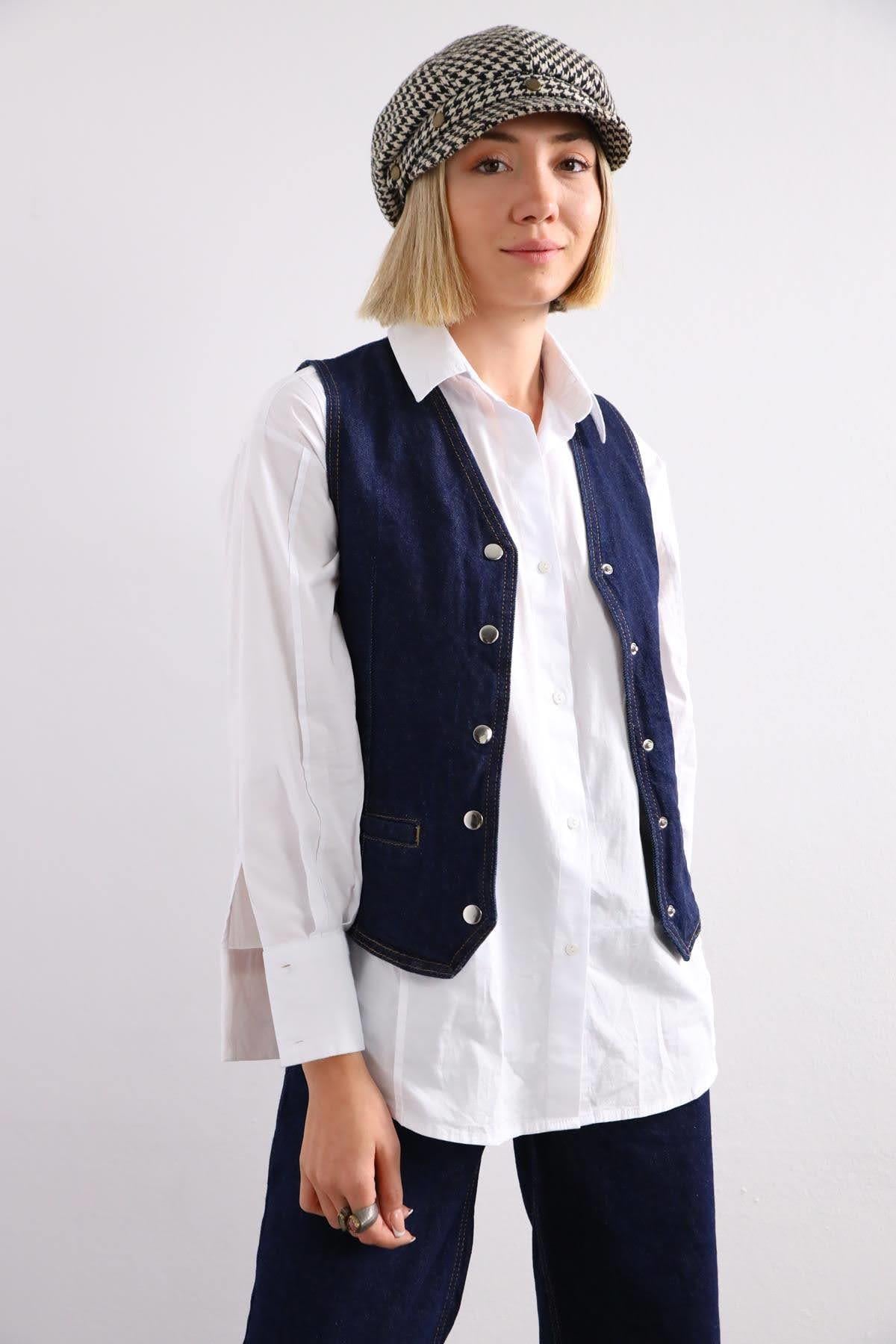 Lacivert Beli Kemerli Kot Yelek - Şaman Butik Lacivert Beli Kemerli Kot Yelek