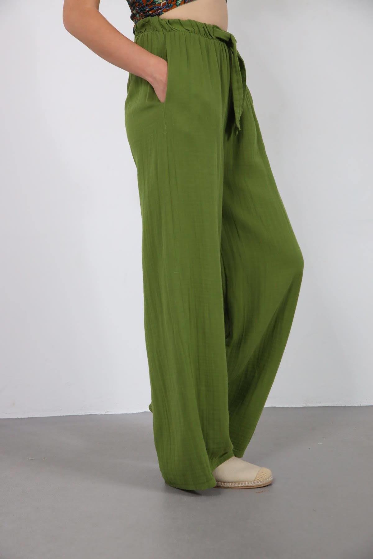Haki Beli Lastikli İp Detaylı Müslin Pantolon - Şaman Butik Haki Beli Lastikli İp Detaylı Müslin Pantolon