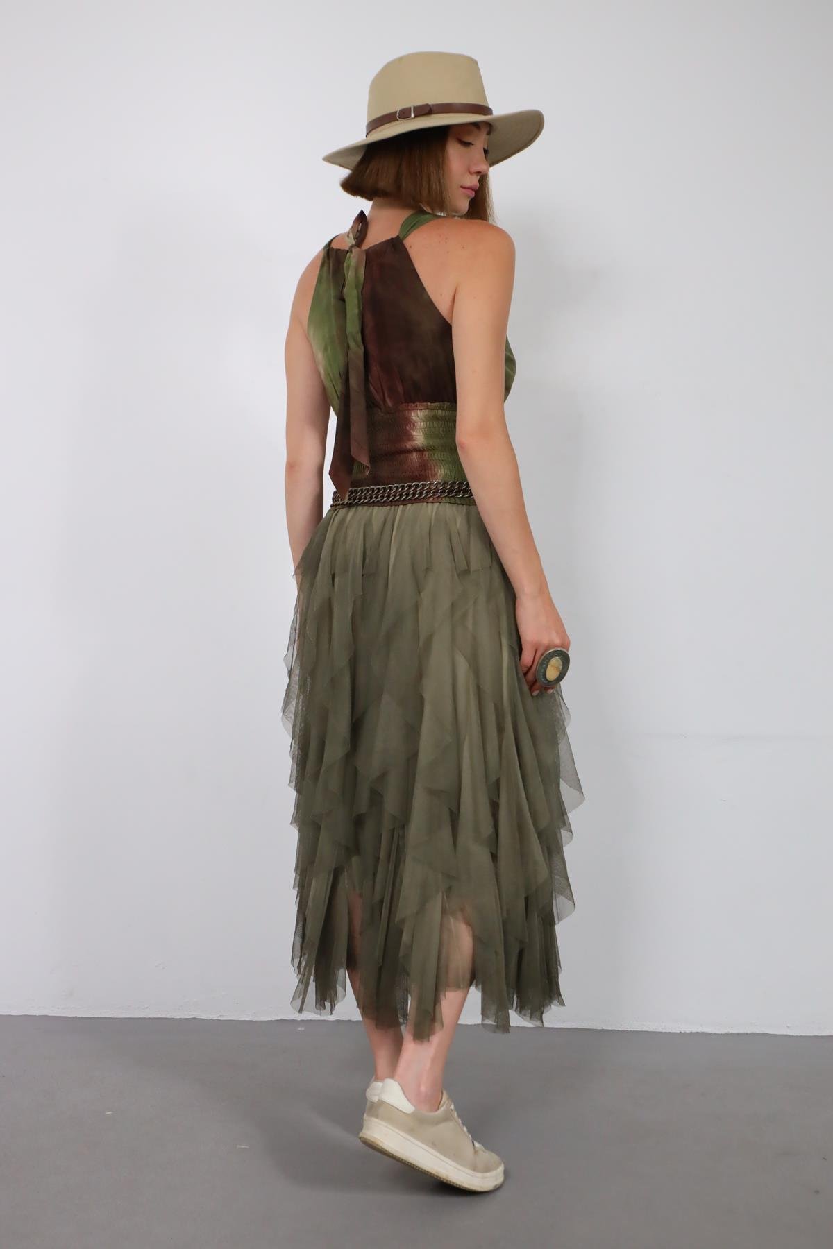  Haki Yağ Yıkama Volanlı Tül Etek