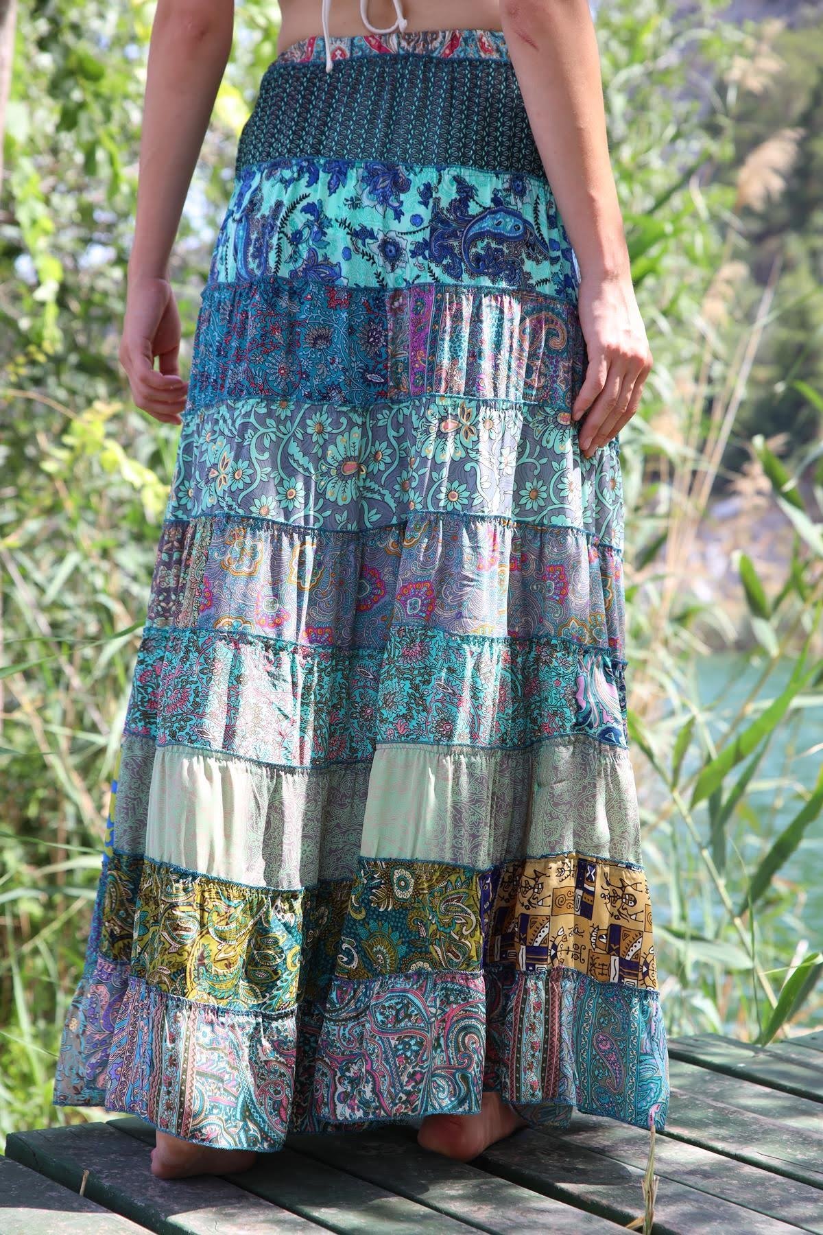  Renkli Patchwork Otantik İpek Etek