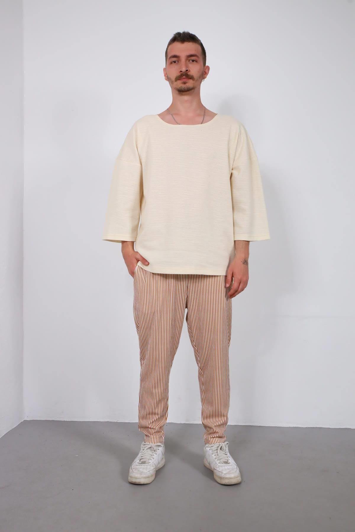  Tarçın Rengi Çizgili Dar Paça Erkek Pantolon