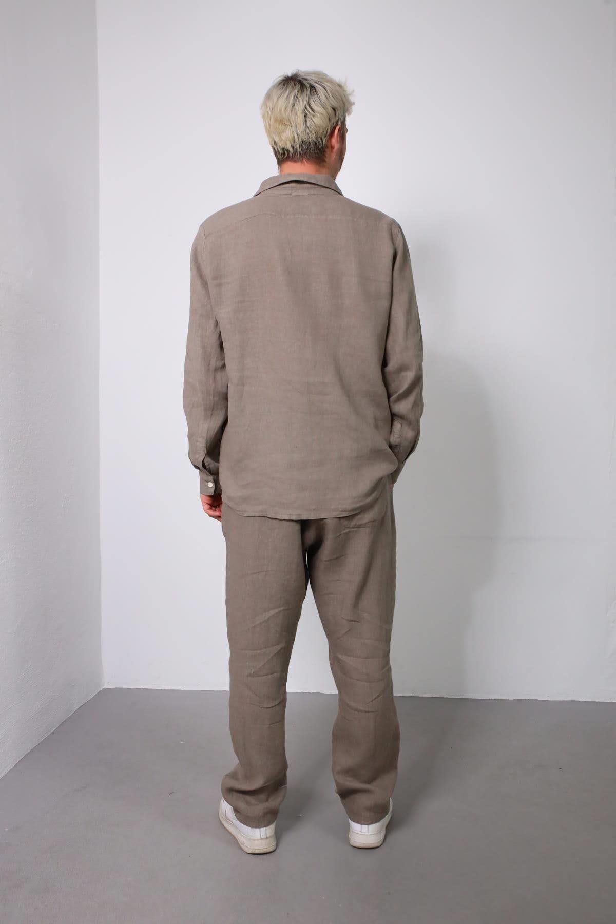  Vizon Rengi Keten Erkek Pantolon ve Gömlek Takım