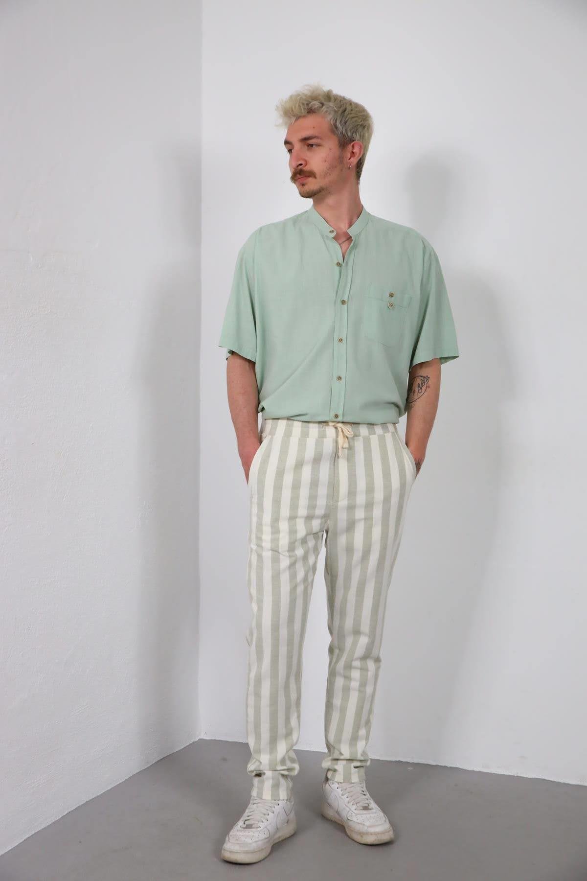  Ekru Beli Lastikli Çizgili Dar Paça Erkek Pantolon