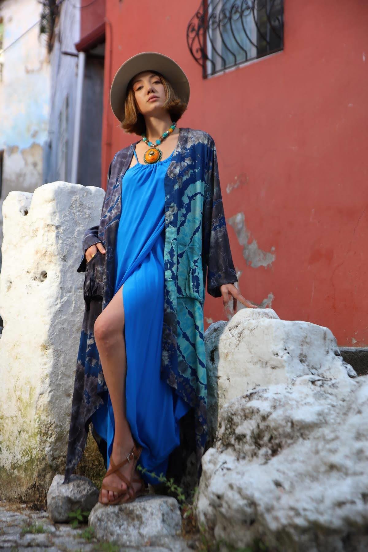 Turqouise Tie Dye Pattern Pocket Design Caftan - Saman Butik | Shop Online Turqouise Tie Dye Pattern Pocket Design Caftan 