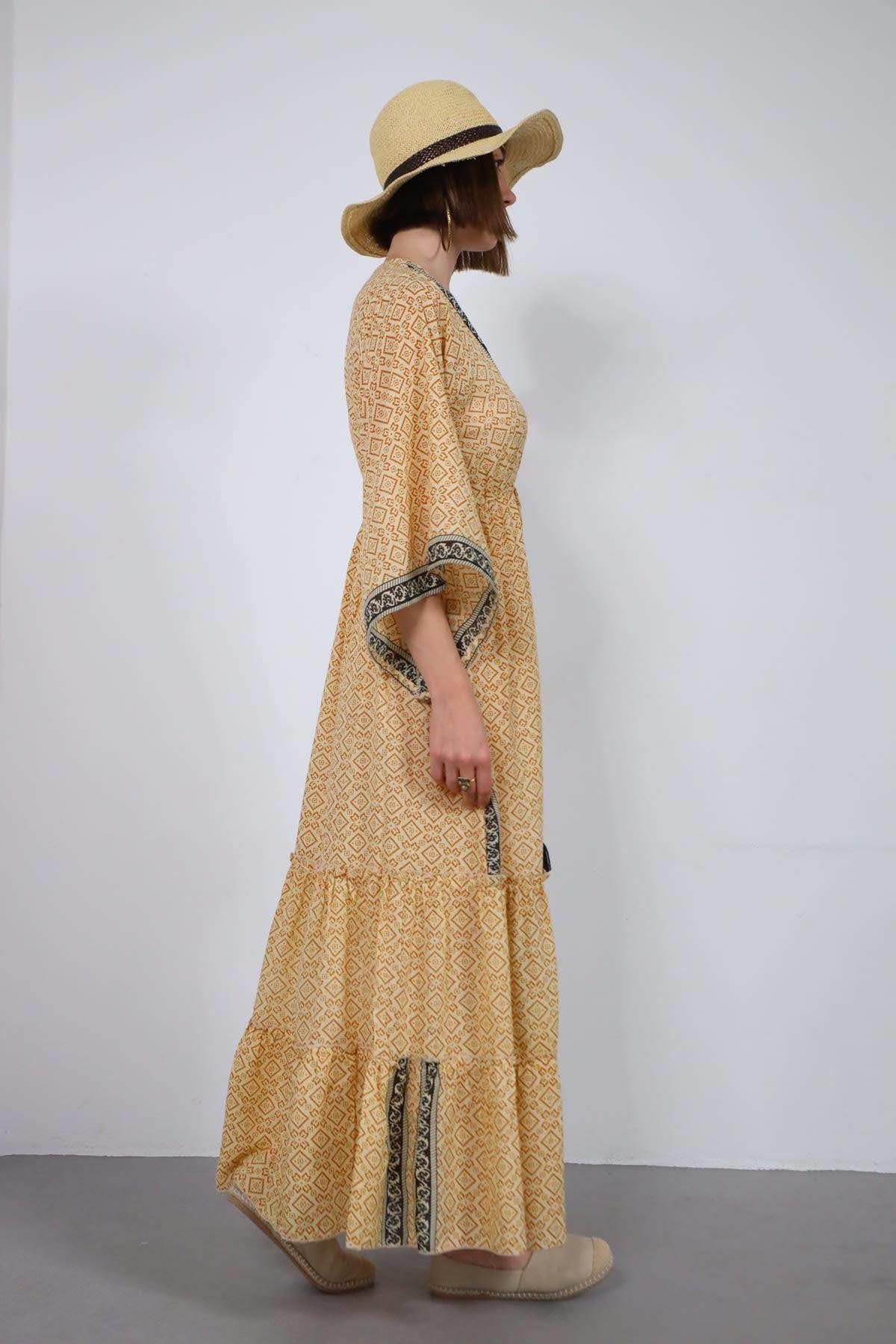 Hardal Rengi Kruvaze Yaka Yarasa Kol Elbise - Şaman Butik Hardal Rengi Kruvaze Yaka Yarasa Kol Elbise