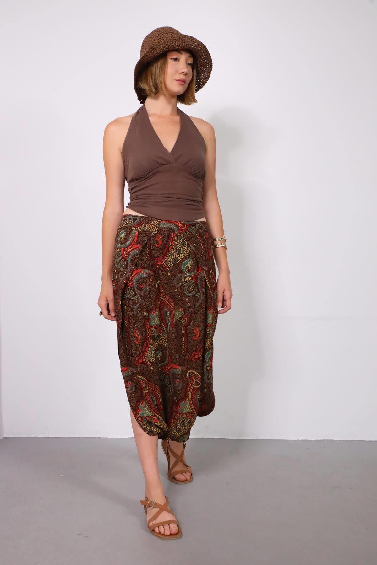 Saman Butik | Shop Online Brown Elastic Waist Skirt Pants