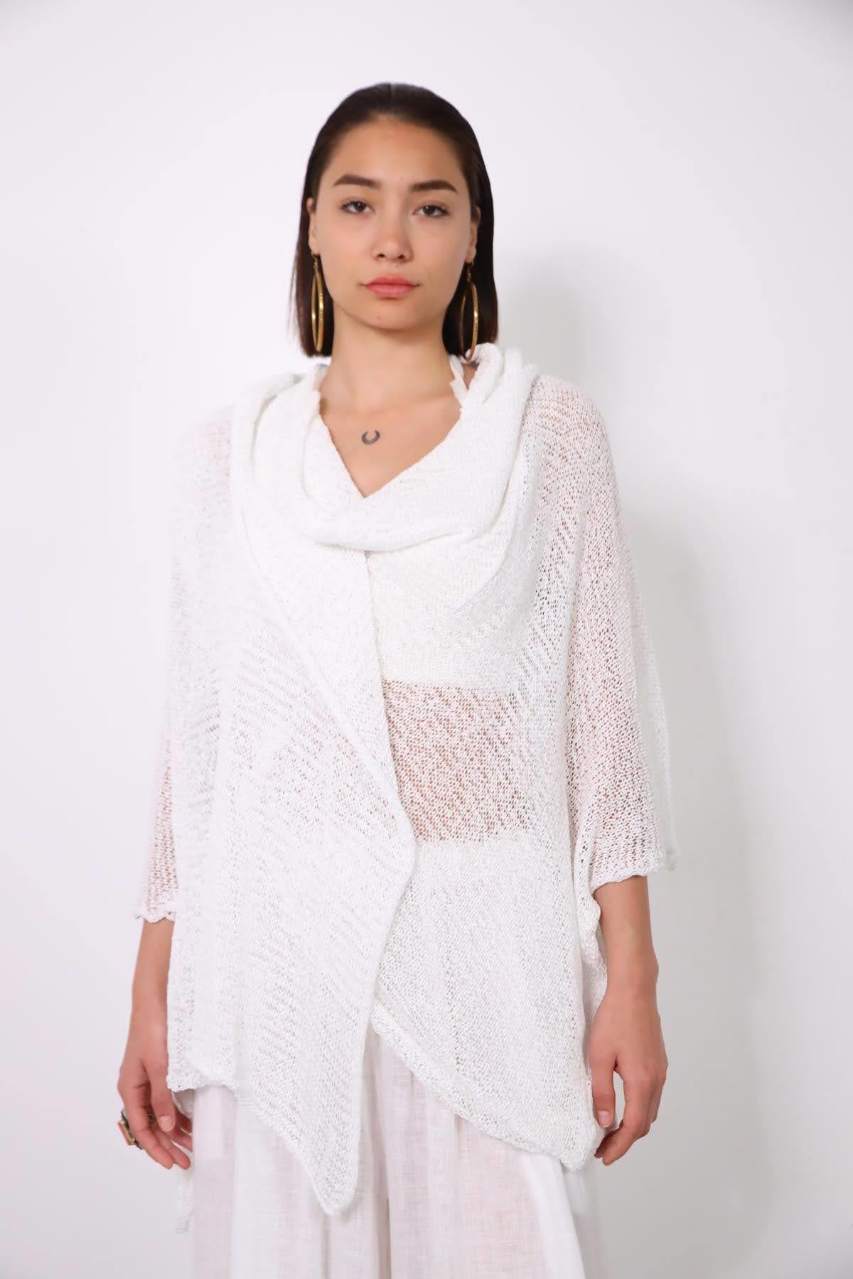 White Mercerized Hoodie Cardigan - Saman Butik | Shop Online White Mercerized Hoodie Cardigan