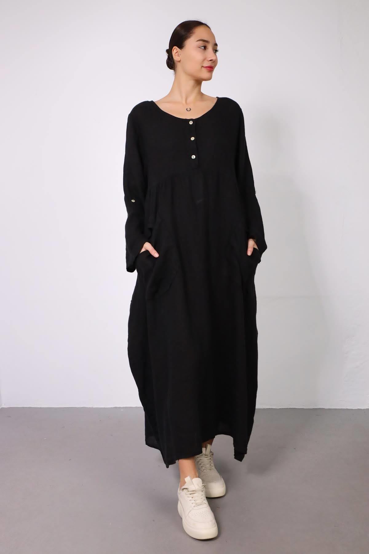 Siyah Geniş Cepli Elbise - Şaman Butik - Bohem Giyim ve Aksesuar | Kadın & Erkek Siyah Geniş Cepli Elbise