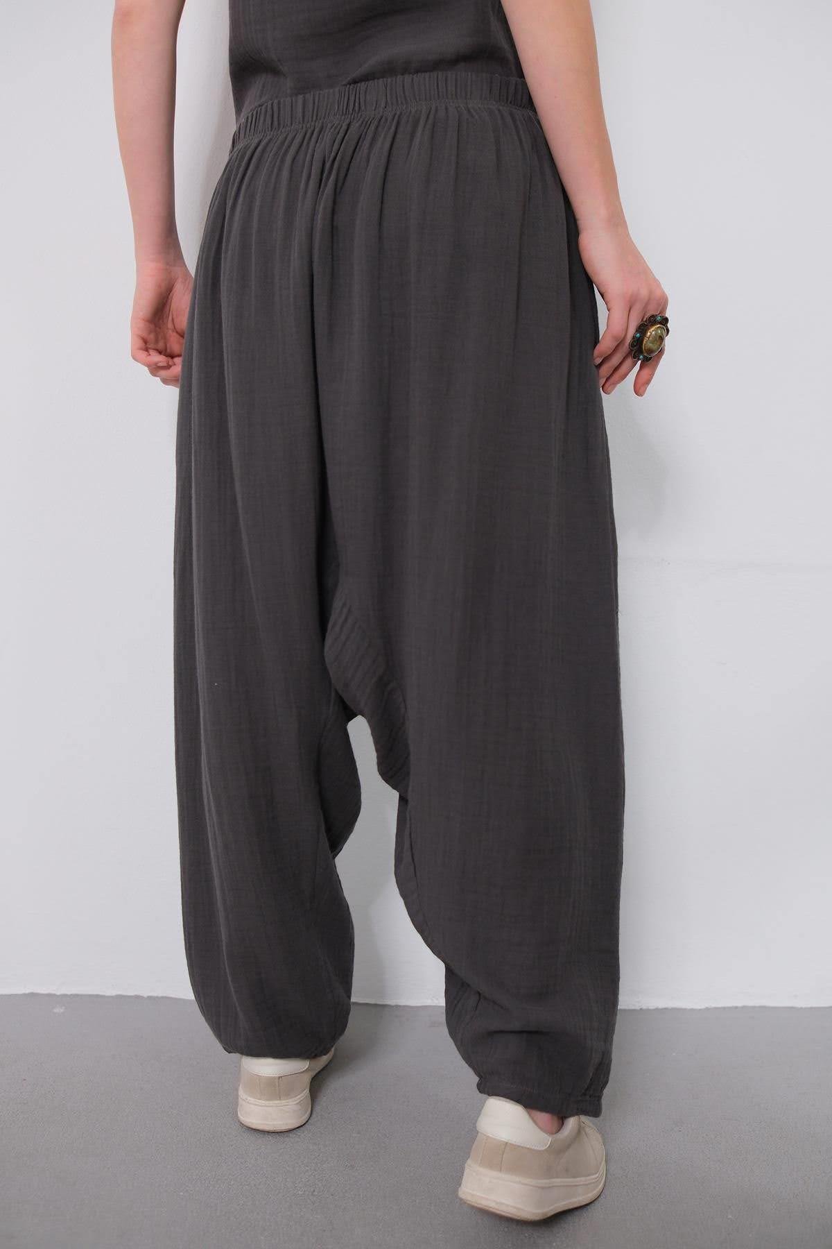  Antrasit Beli İpli Müslin Şalvar