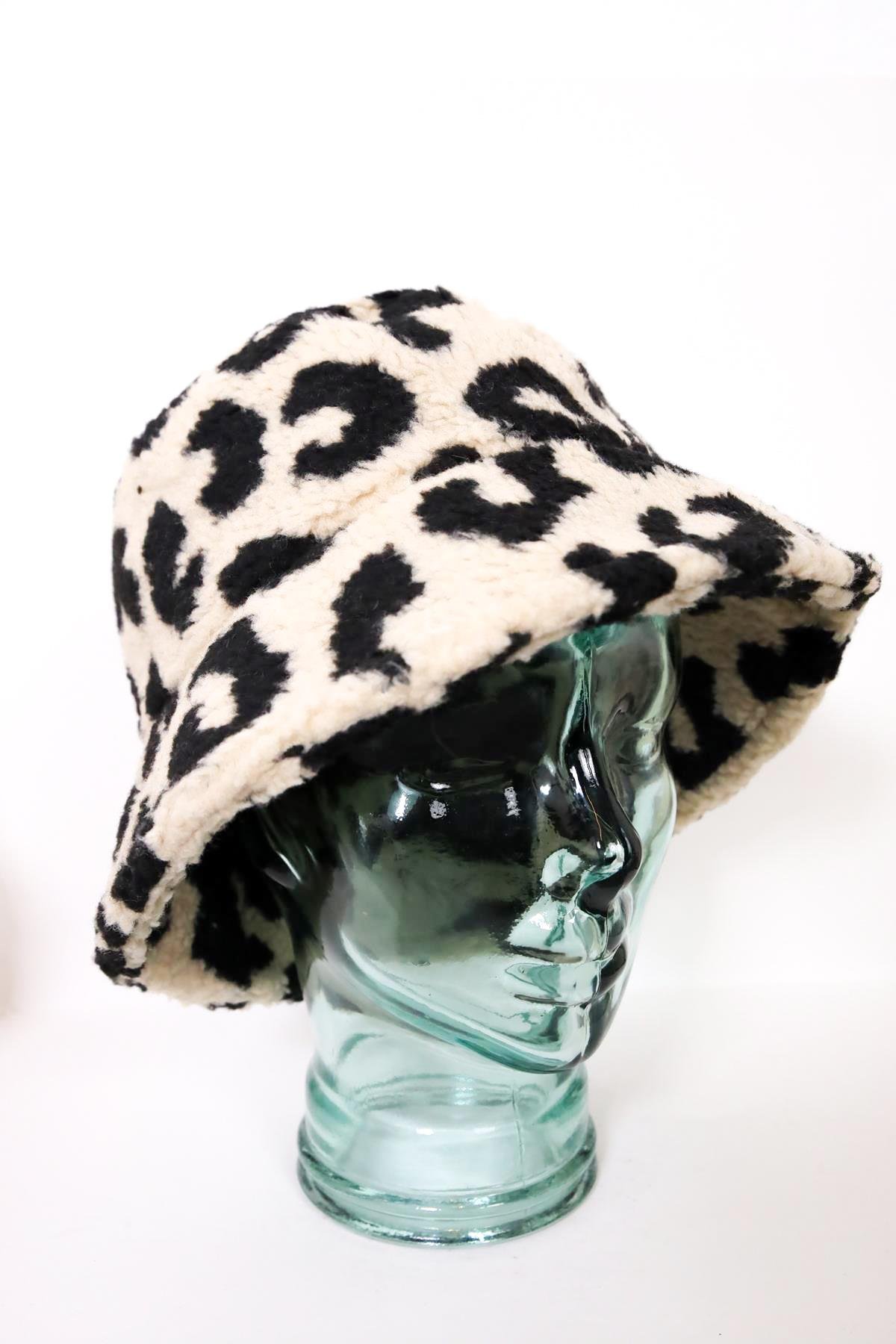  Krem Rengi Leopar Desen Bucket Şapka