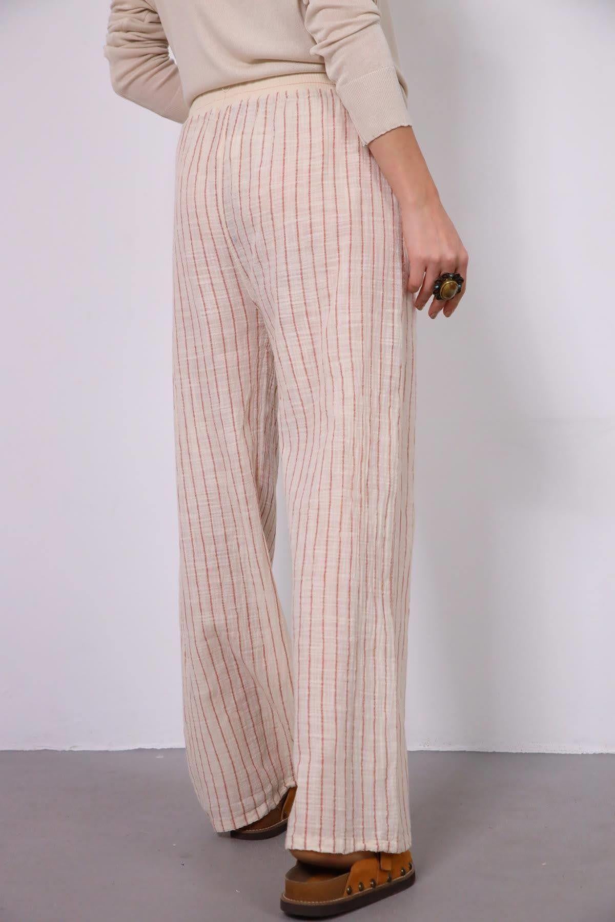 Kiremit Rengi Beli Lastikli Çizgili Pantolon - Şaman Butik Kiremit Rengi Beli Lastikli Çizgili Pantolon