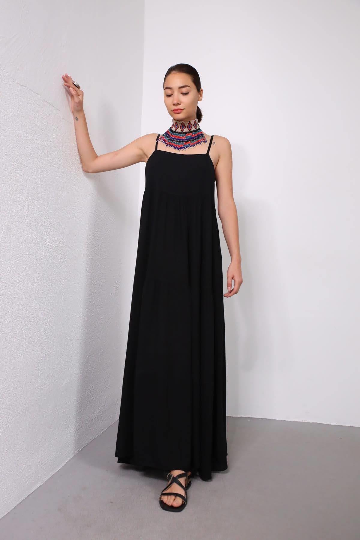 Siyah Ayarlanabilir İp Askılı Yandan Fermuarlı Elbise - Şaman Butik Siyah Ayarlanabilir İp Askılı Yandan Fermuarlı Elbise