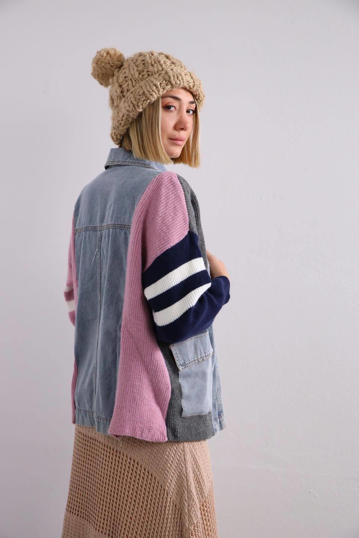  Mavi Triko Parçalı Kot Ceket