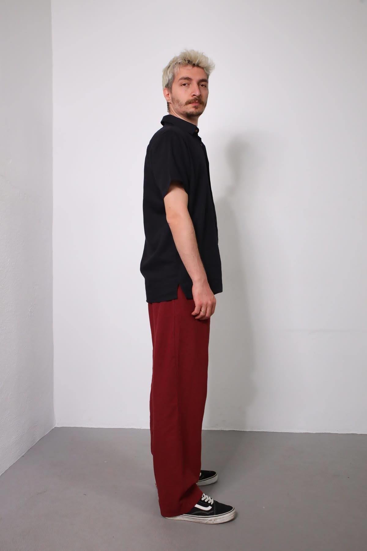  Bordo Beli Lastikli Pileli Pantolon