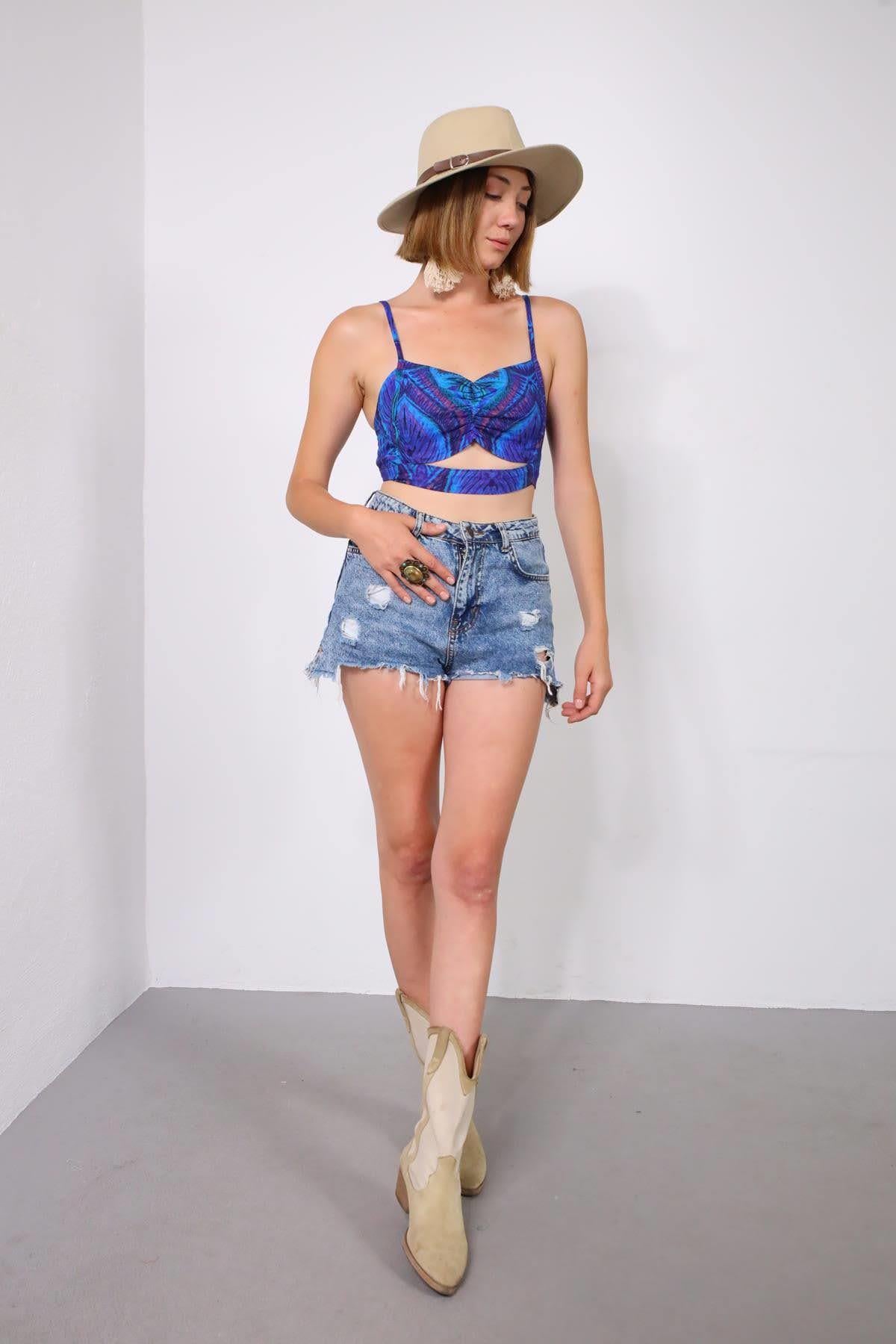 Saks Mavisi Desenli Cut Out Detay İnce Askılı Bralet - Şaman Butik Saks Mavisi Desenli Cut Out Detay İnce Askılı Bralet