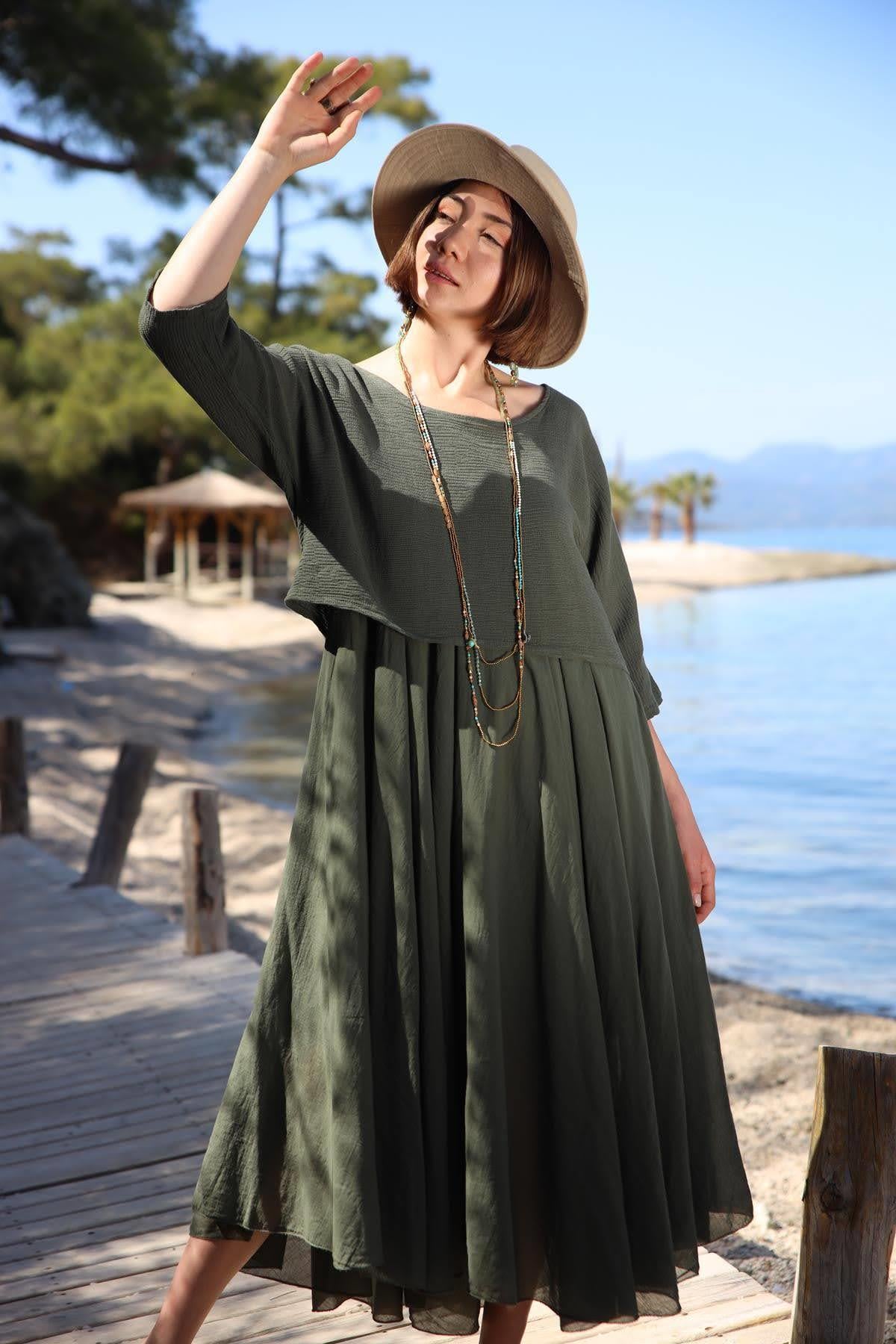 Koyu Haki Askılı Bluz Detaylı Elbise - Şaman Butik Koyu Haki Askılı Bluz Detaylı Elbise