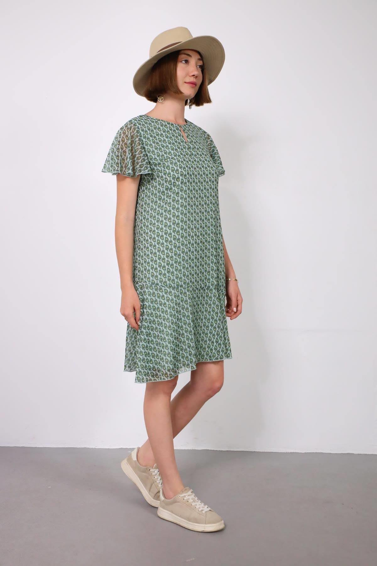 Mint Yeşili Desenli Yakası Düğmeli Kısa Elbise - Şaman Butik Mint Yeşili Desenli Yakası Düğmeli Kısa Elbise