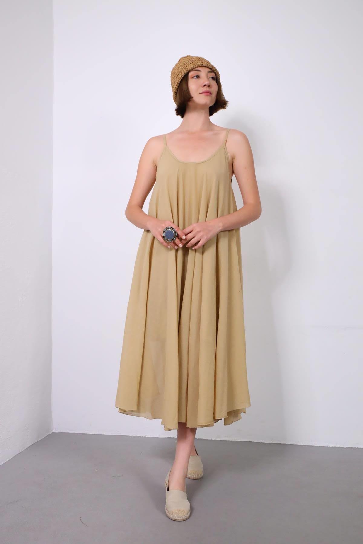 Sütlü Kahve Askılı Bluz Detaylı Elbise - Şaman Butik Sütlü Kahve Askılı Bluz Detaylı Elbise