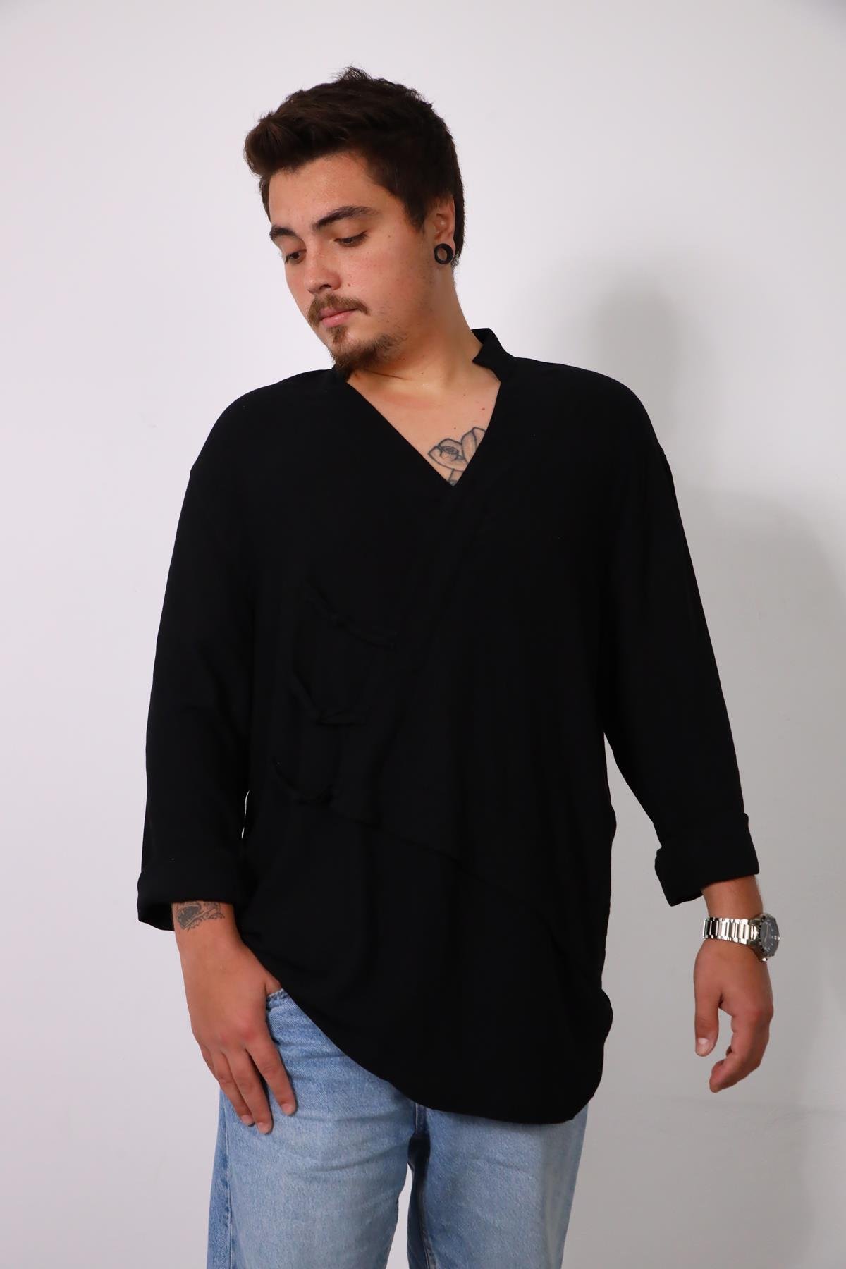 Black V-Neck Asymmetrical Cut Linen Shirt - Saman Butik | Shop Online Black V-Neck Asymmetrical Cut Linen Shirt