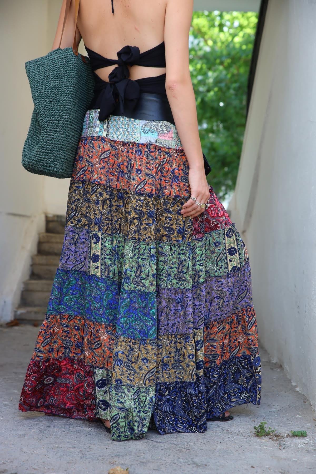 Renkli Beli Lastikli Otantik Desenli Patchwork Etek - Şaman Butik Renkli Beli Lastikli Otantik Desenli Patchwork Etek